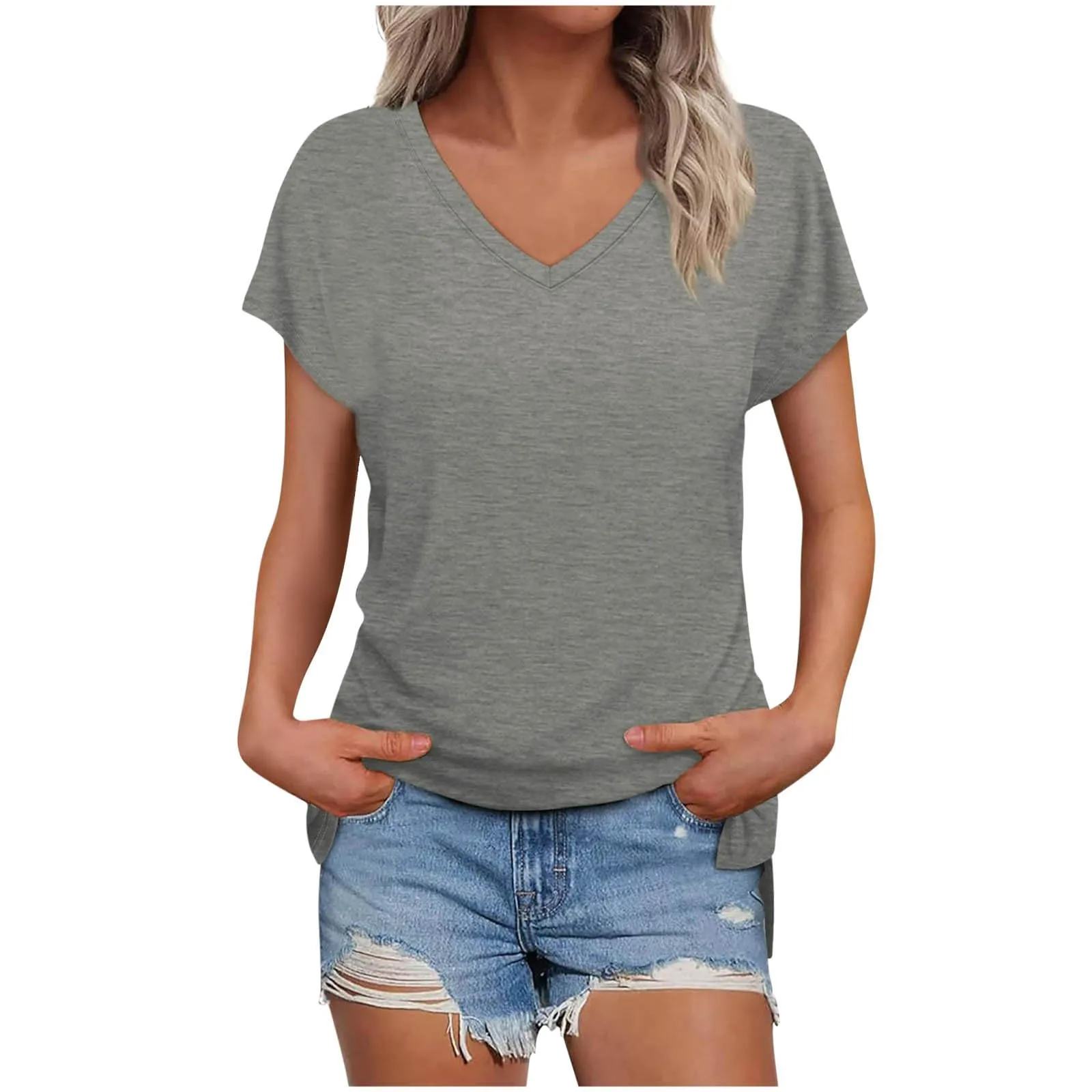 Masrin Maglietta da donna in tinta unita, con scollo a V, a maniche corte, maniche raglan, vestibilità normale, top con spacco laterale, tunica estiva, grigio., S - immagine 1