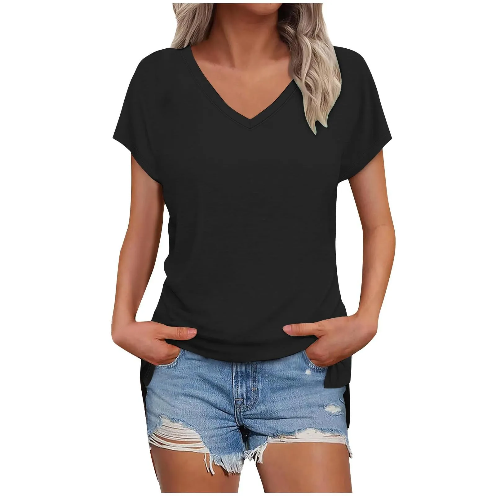 Masrin Maglietta da donna in tinta unita, con scollo a V, a maniche corte, maniche raglan, vestibilità normale, top con spacco laterale, tunica estiva, Nero , M - immagine 1