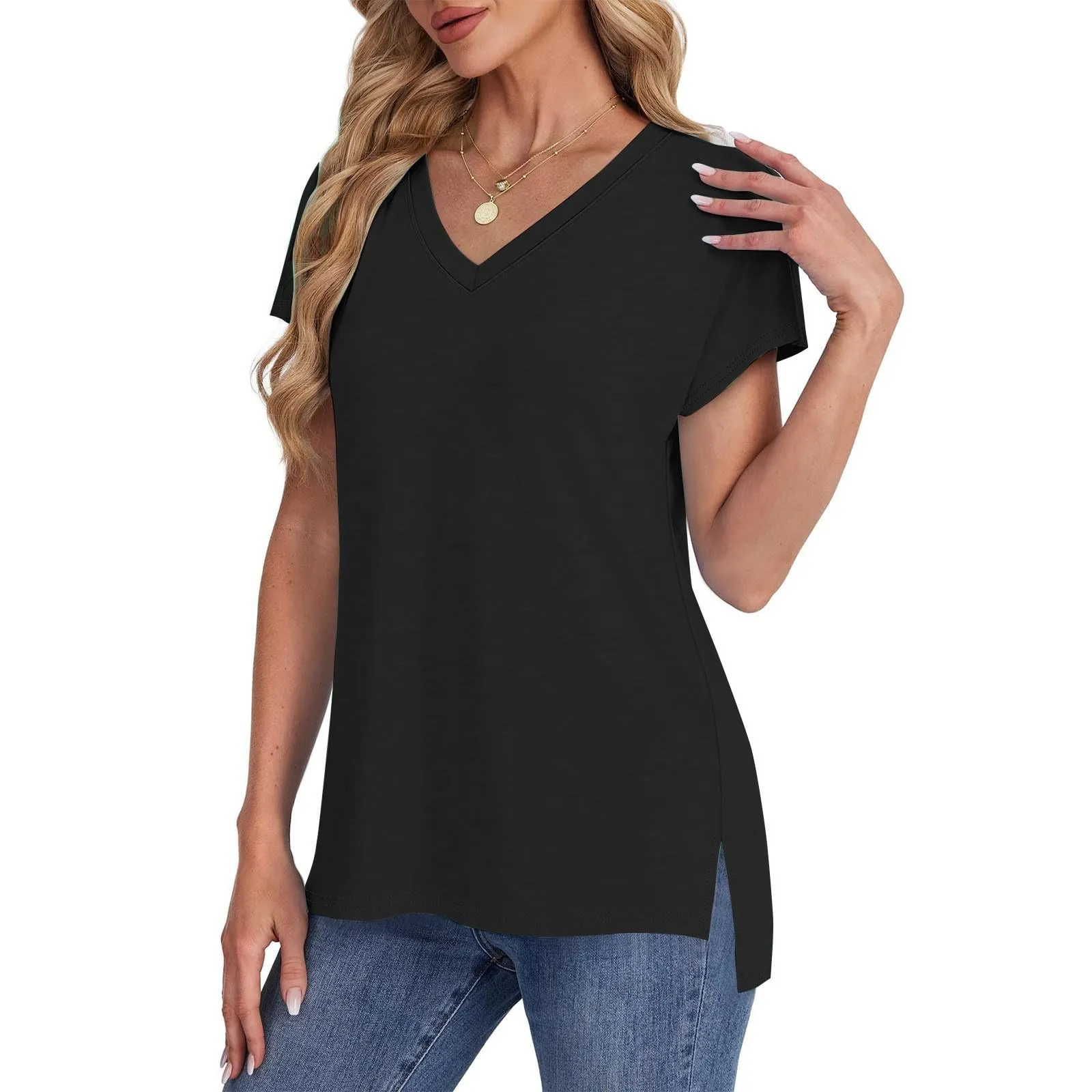 Masrin Maglietta da donna in tinta unita, con scollo a V, a maniche corte, maniche raglan, vestibilità normale, top con spacco laterale, tunica estiva, Nero , M - immagine 5
