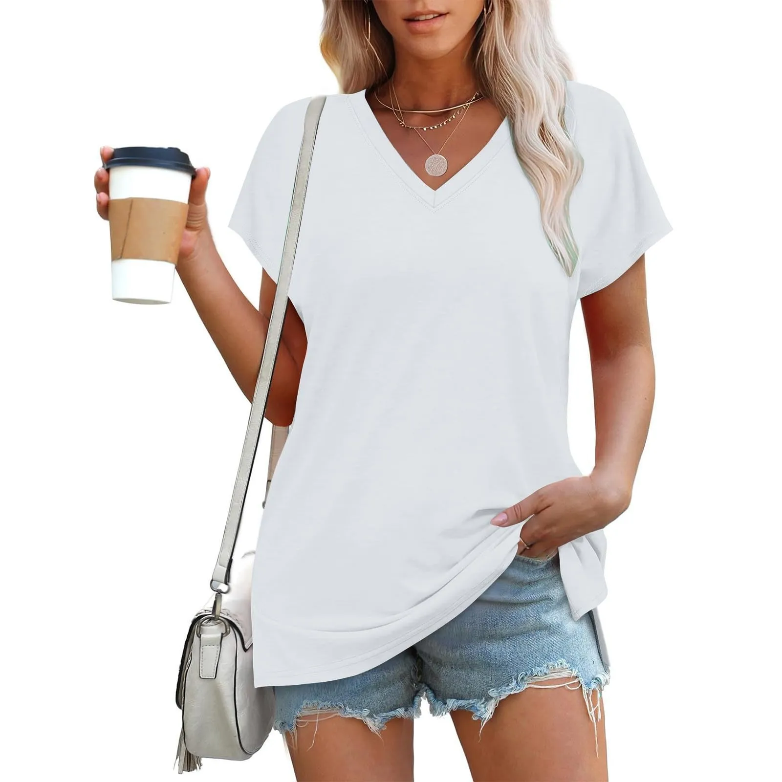 Masrin Maglietta da donna in tinta unita, con scollo a V, a maniche corte, maniche raglan, vestibilità normale, top con spacco laterale, tunica estiva, bianco, L - immagine 3