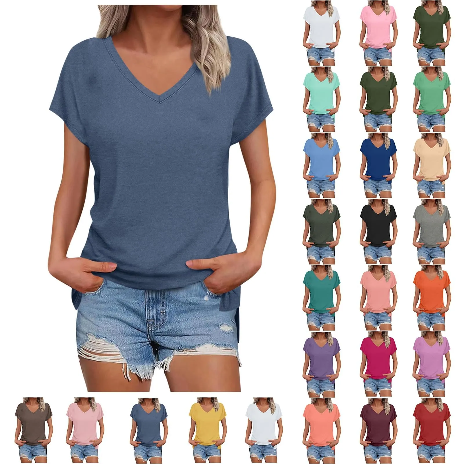 Masrin Maglietta da donna in tinta unita, con scollo a V, a maniche corte, maniche raglan, vestibilità normale, top con spacco laterale, tunica estiva, cachi, S - immagine 2