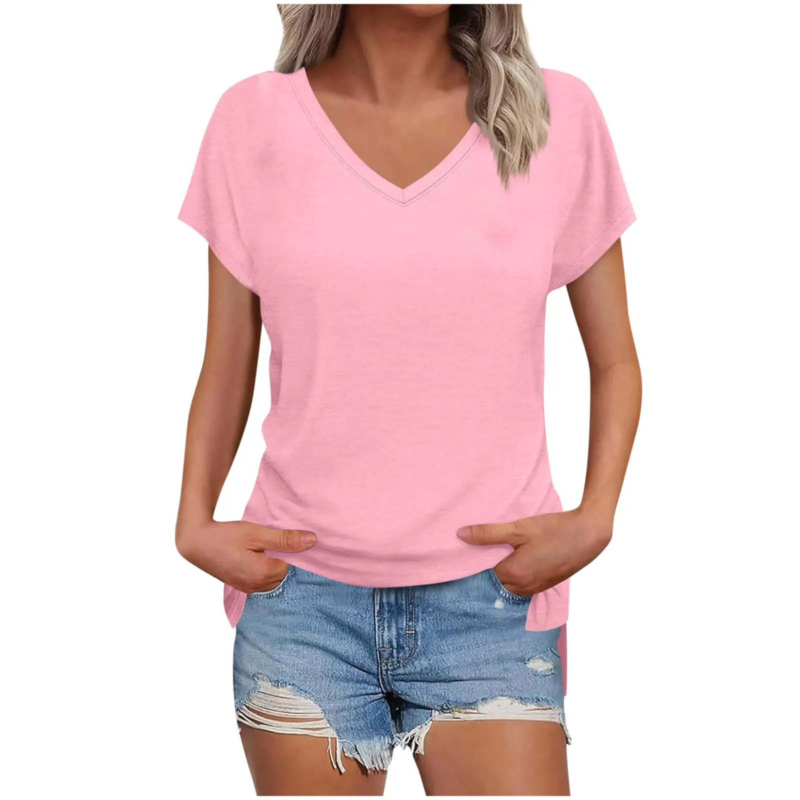 Masrin Maglietta da donna in tinta unita, con scollo a V, a maniche corte, maniche raglan, vestibilità normale, top con spacco laterale, tunica estiva, rosa chiaro, M - immagine 1