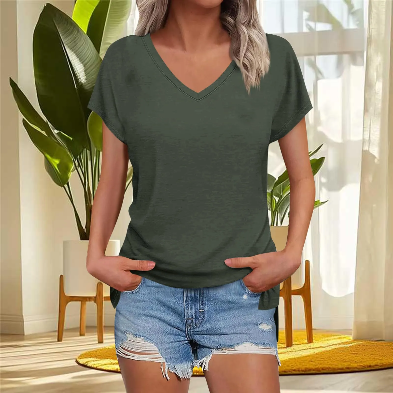 Masrin Maglietta da donna in tinta unita, con scollo a V, a maniche corte, maniche raglan, vestibilità normale, top con spacco laterale, tunica estiva, verde scuro, L - immagine 6
