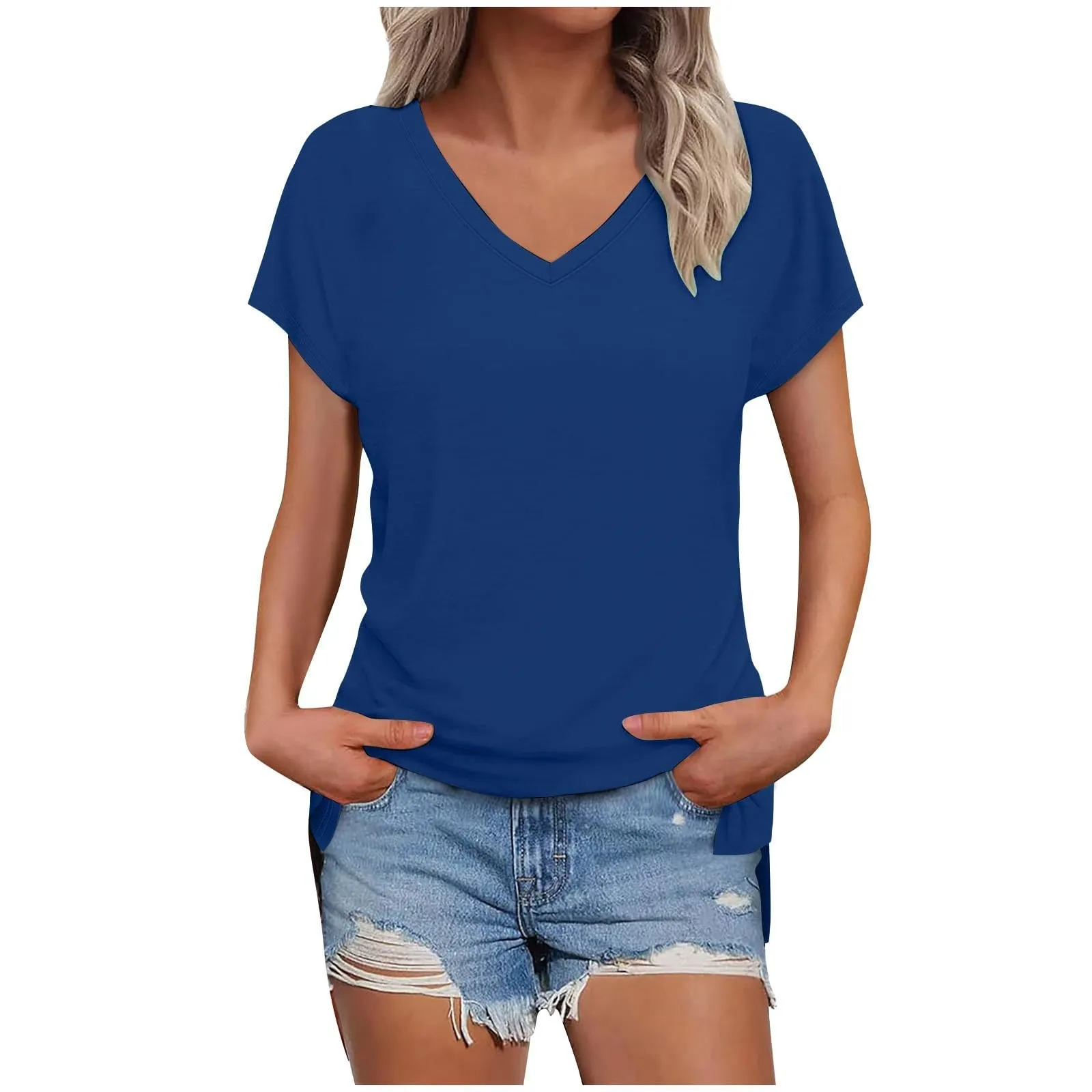 Masrin Maglietta da donna in tinta unita, con scollo a V, a maniche corte, maniche raglan, vestibilità normale, top con spacco laterale, tunica estiva, Blu, S - immagine 1