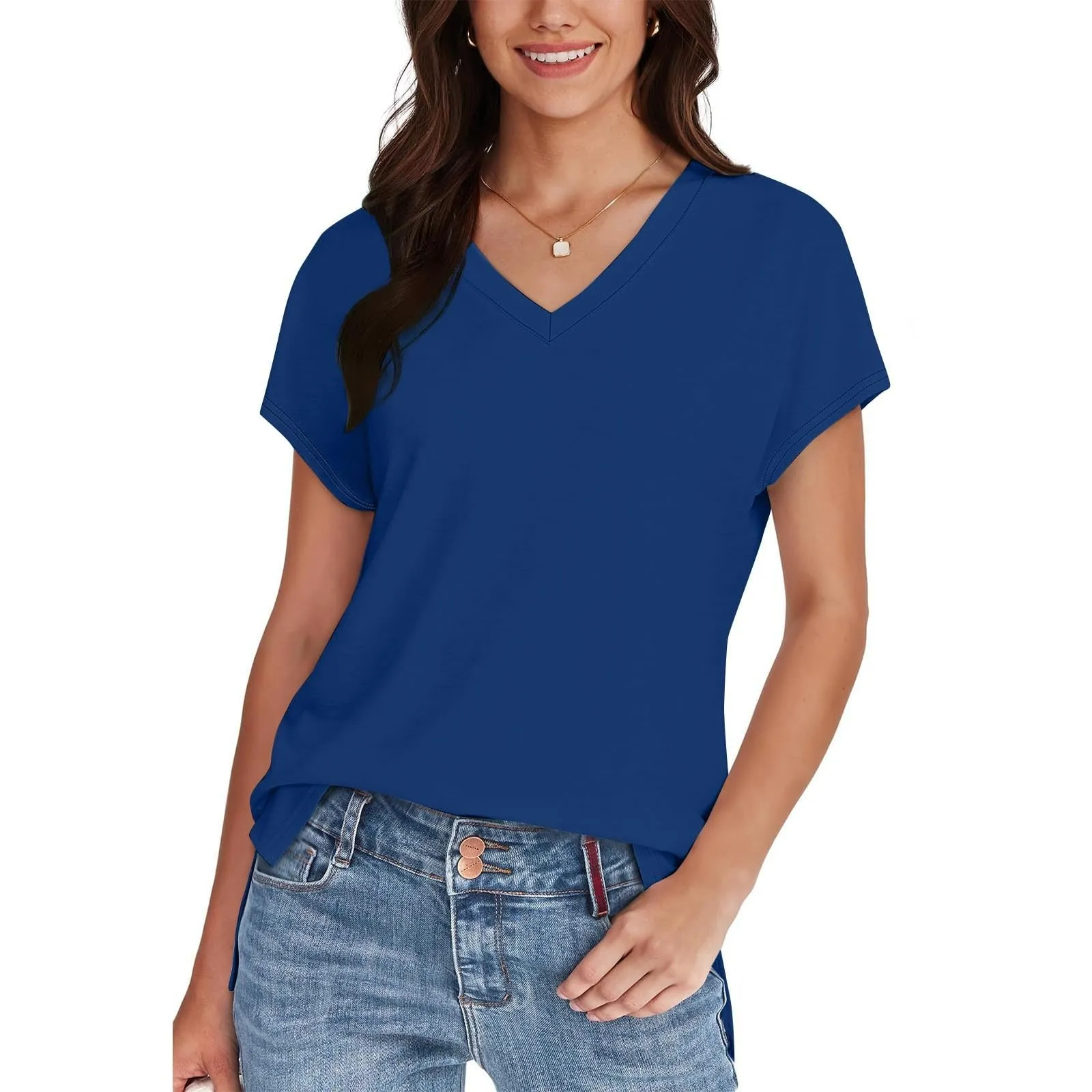 Masrin Maglietta da donna in tinta unita, con scollo a V, a maniche corte, maniche raglan, vestibilità normale, top con spacco laterale, tunica estiva, Blu, S - immagine 6