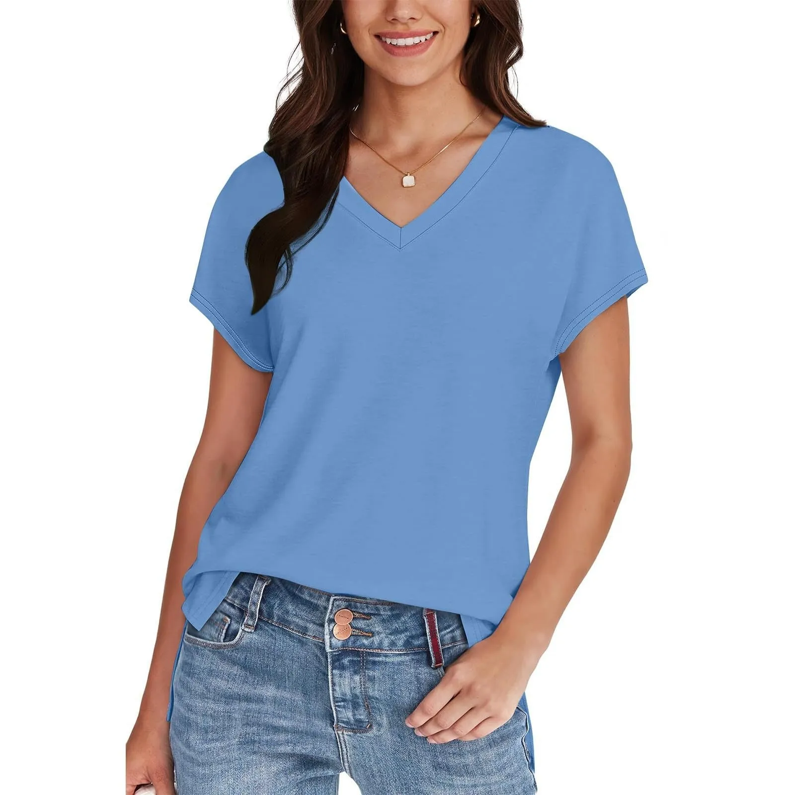 Masrin Maglietta da donna in tinta unita, con scollo a V, a maniche corte, maniche raglan, vestibilità normale, top con spacco laterale, tunica estiva, Azzurro, L - immagine 6