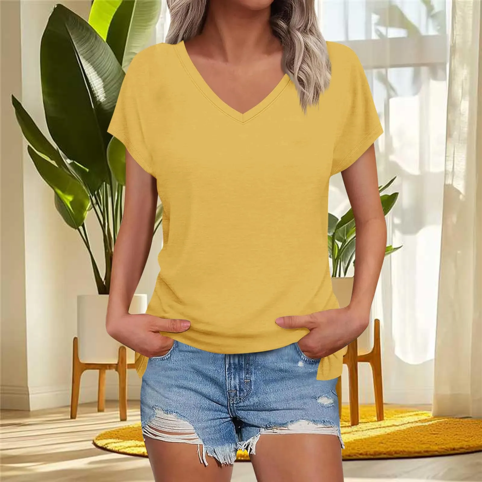 Masrin Maglietta da donna in tinta unita, con scollo a V, a maniche corte, maniche raglan, vestibilità normale, top con spacco laterale, tunica estiva, giallo., M - immagine 6