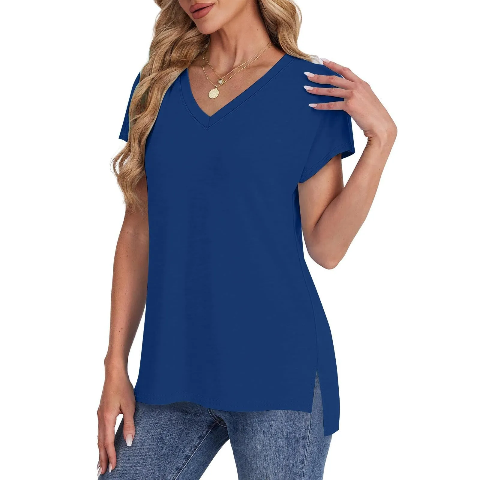 Masrin Maglietta da donna in tinta unita, con scollo a V, a maniche corte, maniche raglan, vestibilità normale, top con spacco laterale, tunica estiva, Blu, M - immagine 5