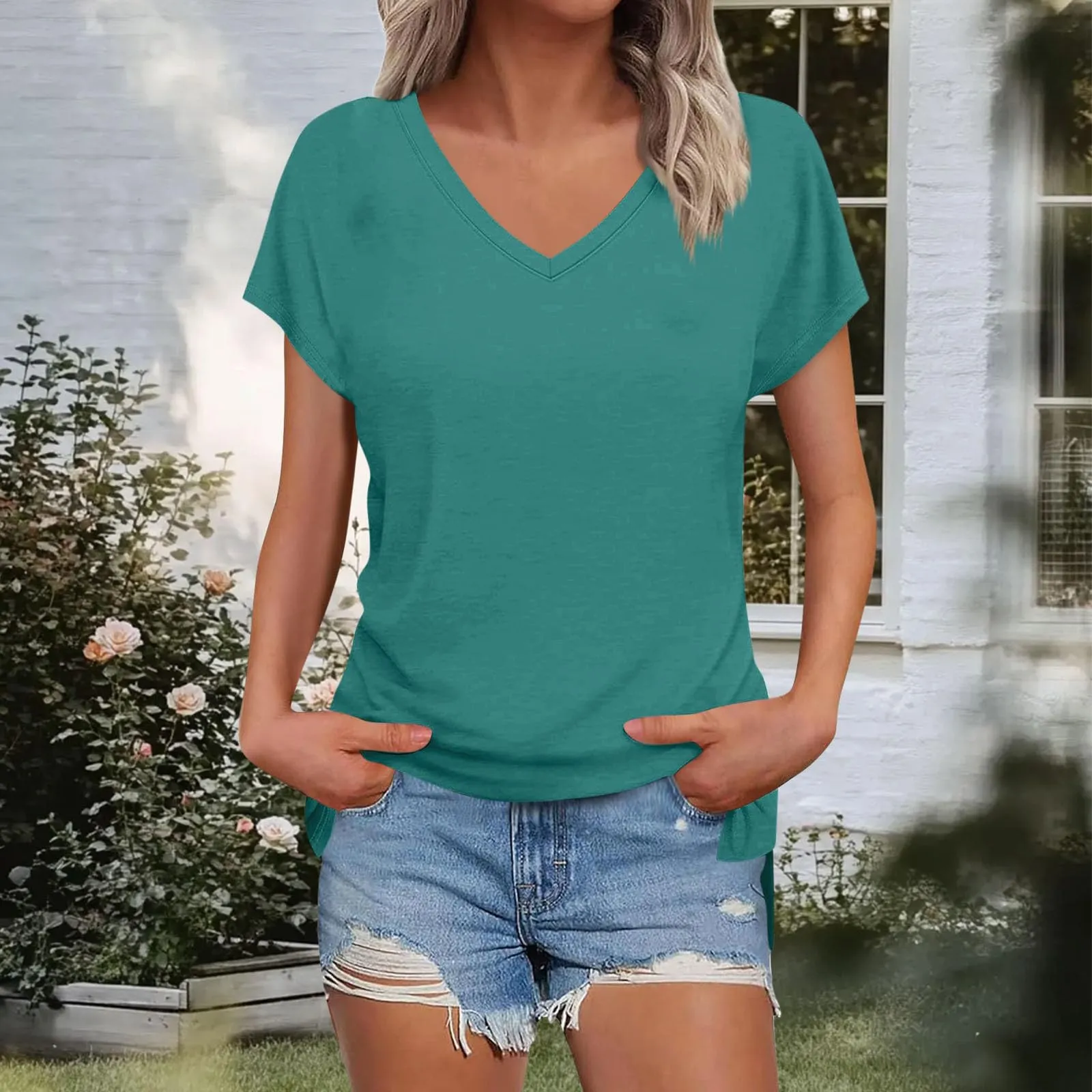 Masrin Maglietta da donna in tinta unita, con scollo a V, a maniche corte, maniche raglan, vestibilità normale, top con spacco laterale, tunica estiva, verde chiaro, S - immagine 3