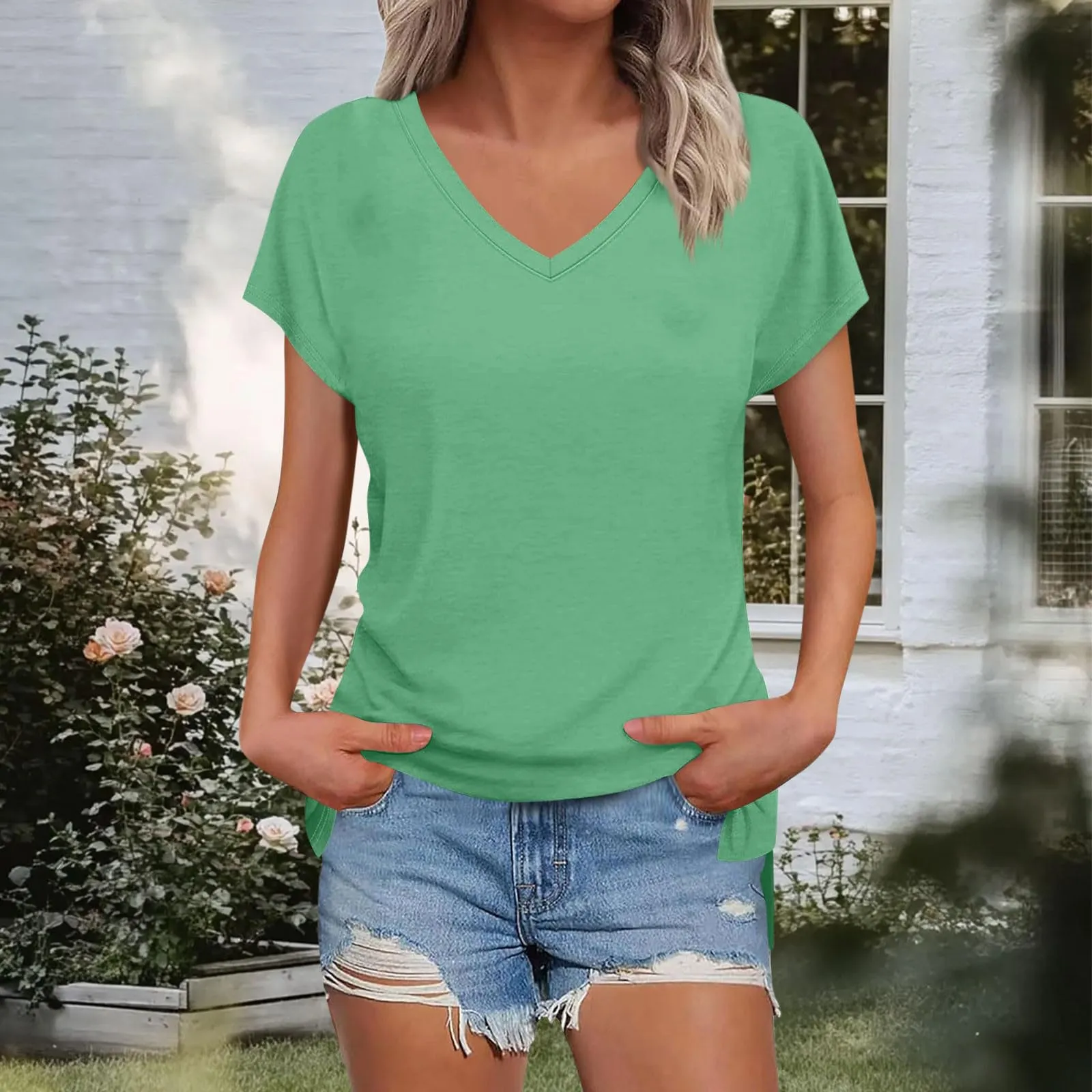 Masrin Maglietta da donna in tinta unita, con scollo a V, a maniche corte, maniche raglan, vestibilità normale, top con spacco laterale, tunica estiva, verde, L - immagine 6