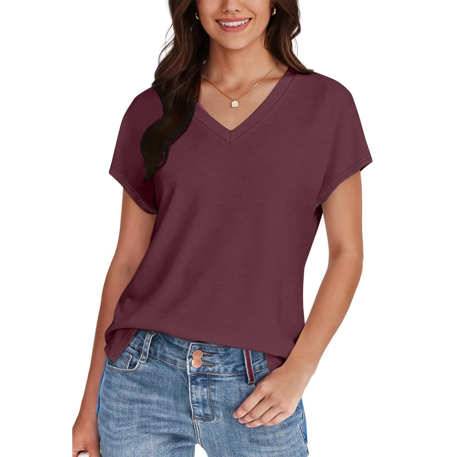 Masrin Maglietta da donna in tinta unita, con scollo a V, a maniche corte, maniche raglan, vestibilità normale, top con spacco laterale, tunica estiva, Vino, S - immagine 3