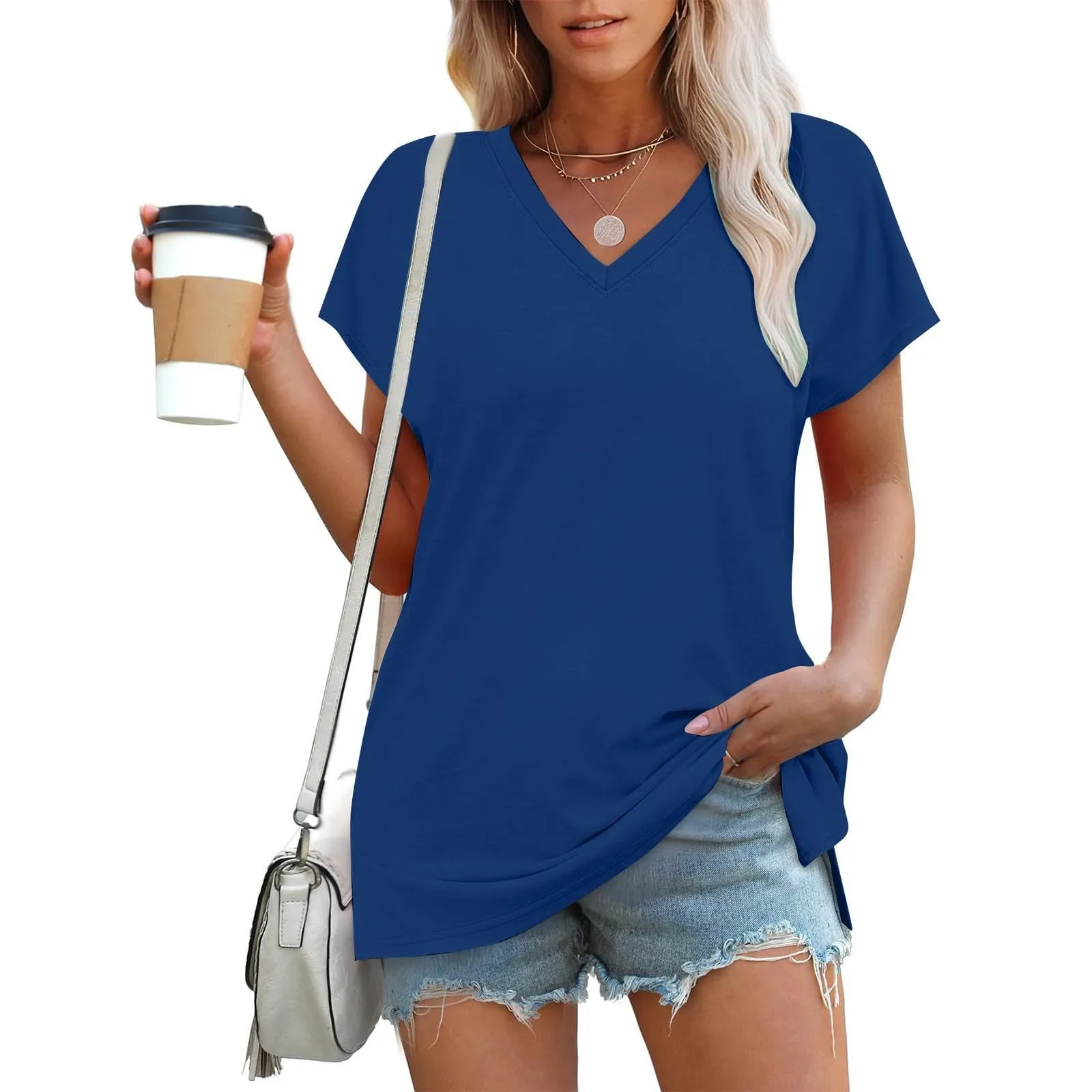 Masrin Maglietta da donna in tinta unita, con scollo a V, a maniche corte, maniche raglan, vestibilità normale, top con spacco laterale, tunica estiva, Blu, XXL - immagine 3