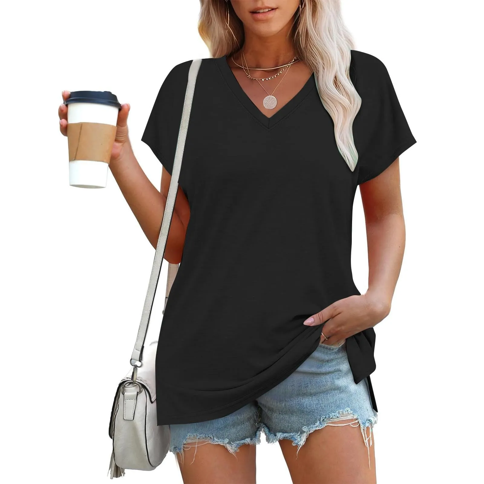 Masrin Maglietta da donna in tinta unita, con scollo a V, a maniche corte, maniche raglan, vestibilità normale, top con spacco laterale, tunica estiva, Nero , XL - immagine 3