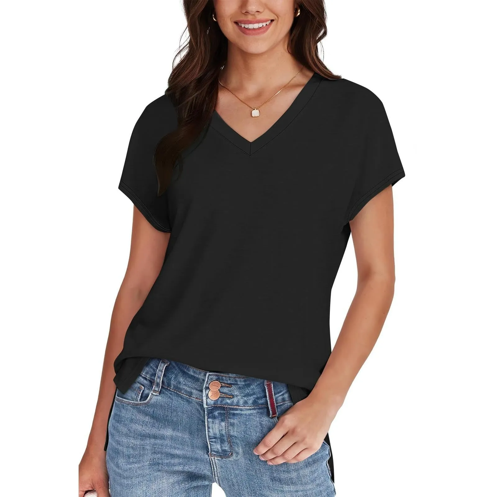 Masrin Maglietta da donna in tinta unita, con scollo a V, a maniche corte, maniche raglan, vestibilità normale, top con spacco laterale, tunica estiva, Nero , XL - immagine 6