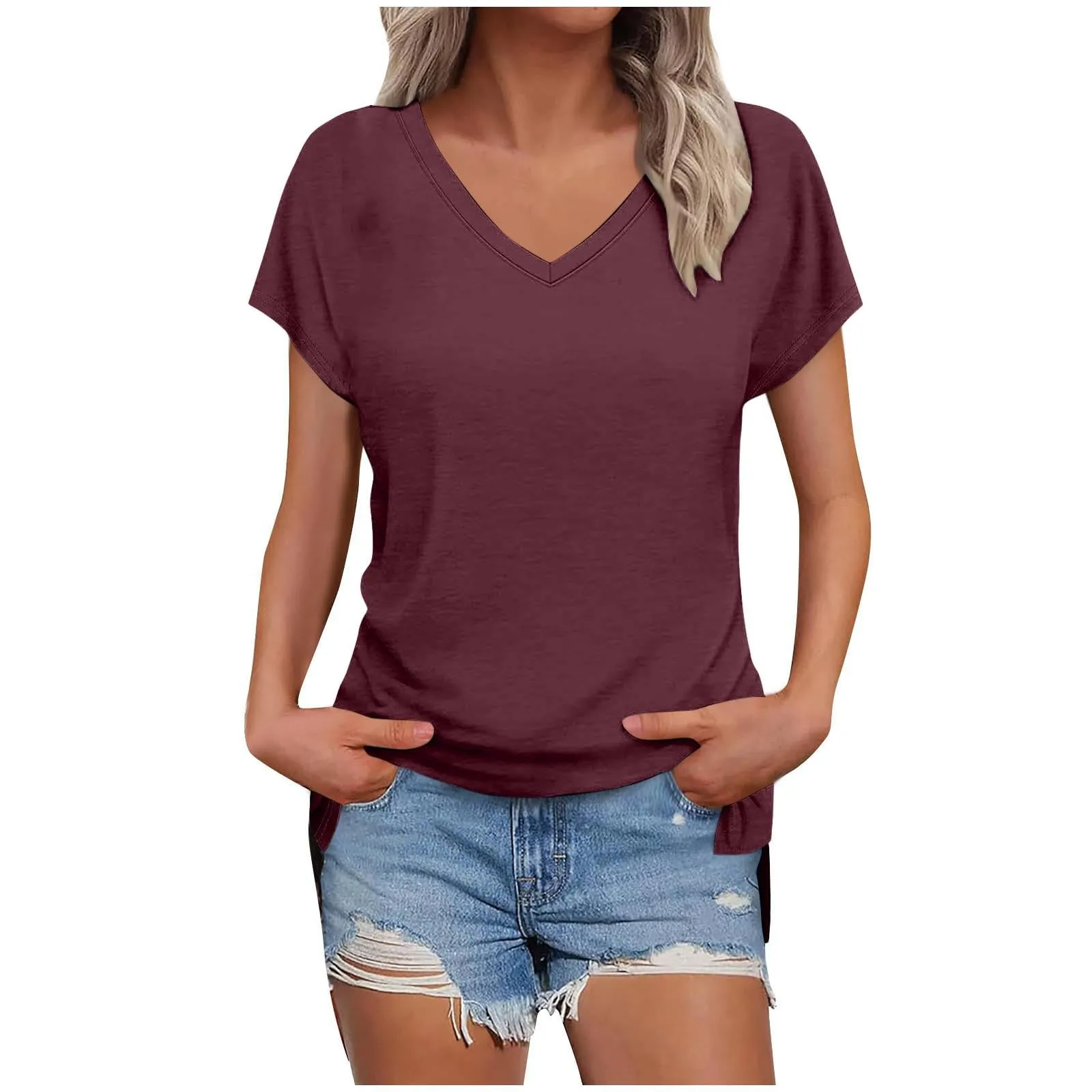 Masrin Maglietta da donna in tinta unita, con scollo a V, a maniche corte, maniche raglan, vestibilità normale, top con spacco laterale, tunica estiva, Vino, XXL - immagine 1