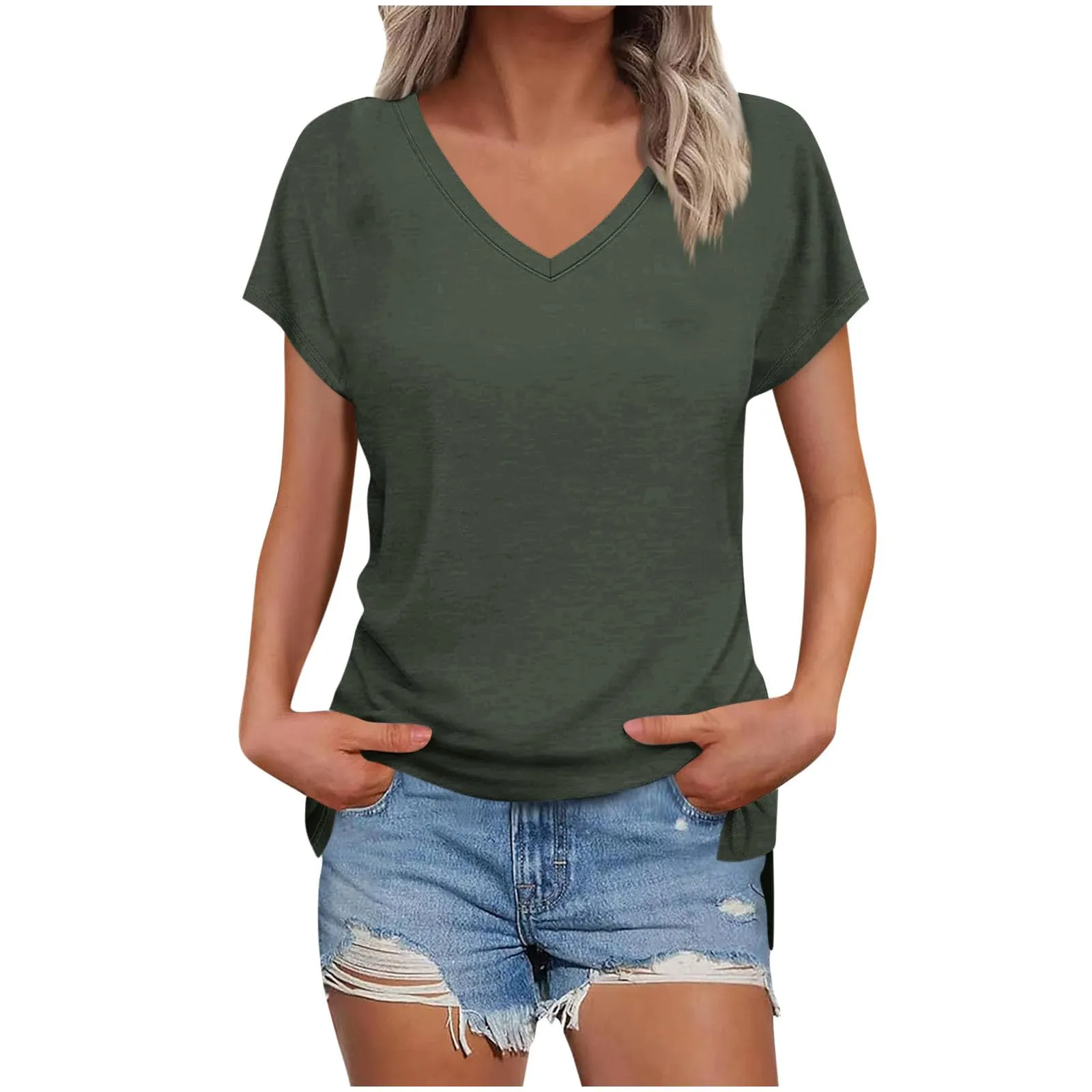 Masrin Maglietta da donna in tinta unita, con scollo a V, a maniche corte, maniche raglan, vestibilità normale, top con spacco laterale, tunica estiva, verde scuro, S - immagine 1