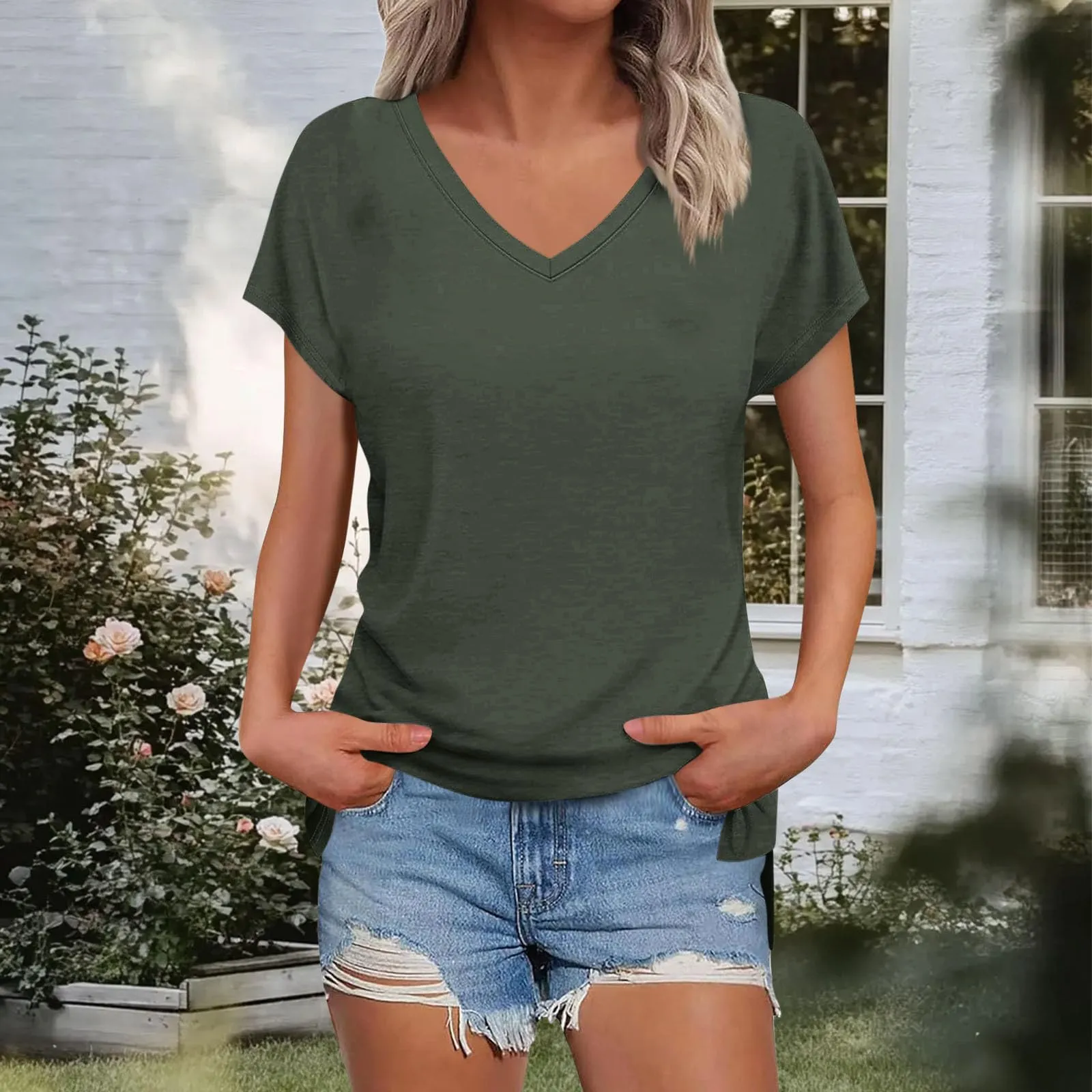 Masrin Maglietta da donna in tinta unita, con scollo a V, a maniche corte, maniche raglan, vestibilità normale, top con spacco laterale, tunica estiva, verde scuro, S - immagine 3