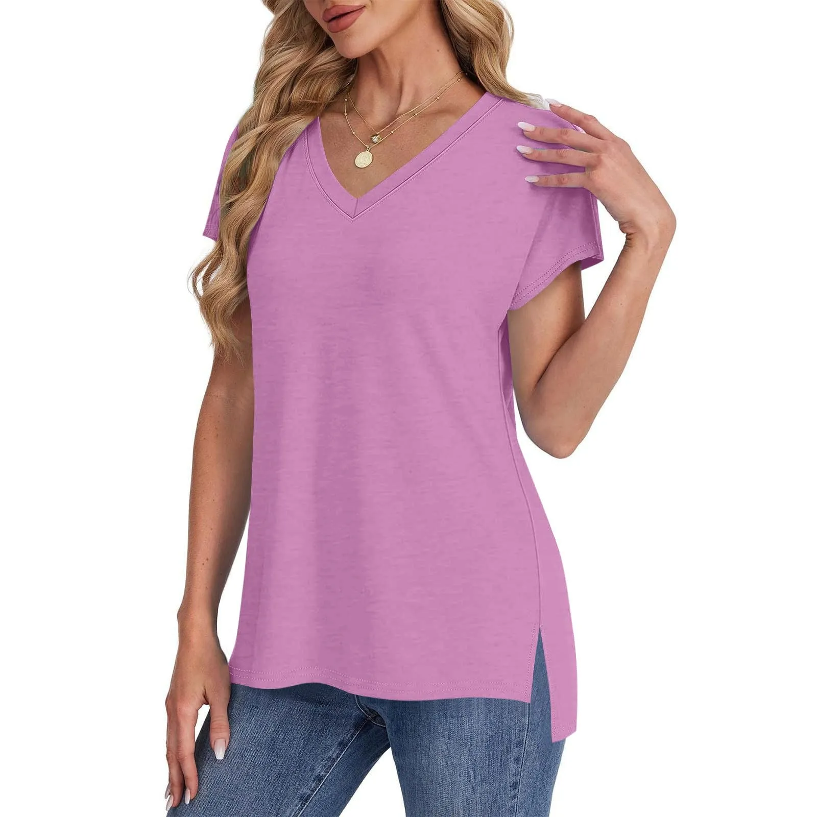 Masrin Maglietta da donna in tinta unita, con scollo a V, a maniche corte, maniche raglan, vestibilità normale, top con spacco laterale, tunica estiva, viola chiaro, M - immagine 6