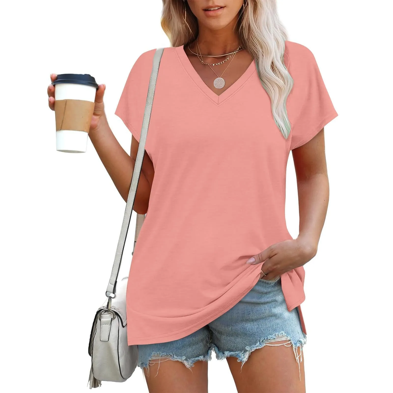 Masrin Maglietta da donna in tinta unita, con scollo a V, a maniche corte, maniche raglan, vestibilità normale, top con spacco laterale, tunica estiva, Rosso anguria., S - immagine 3