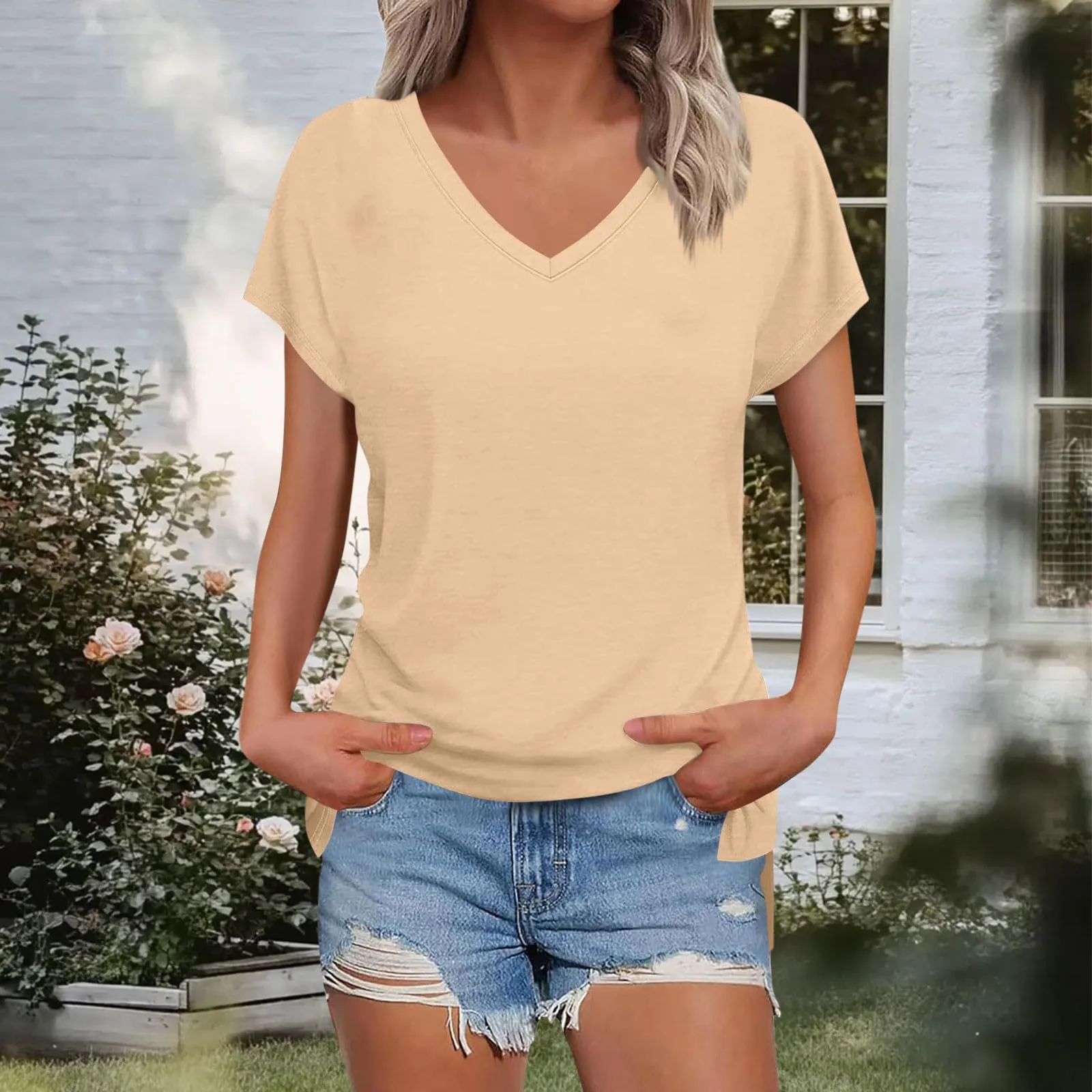 Masrin Maglietta da donna in tinta unita, con scollo a V, a maniche corte, maniche raglan, vestibilità normale, top con spacco laterale, tunica estiva, cachi, XL - immagine 5