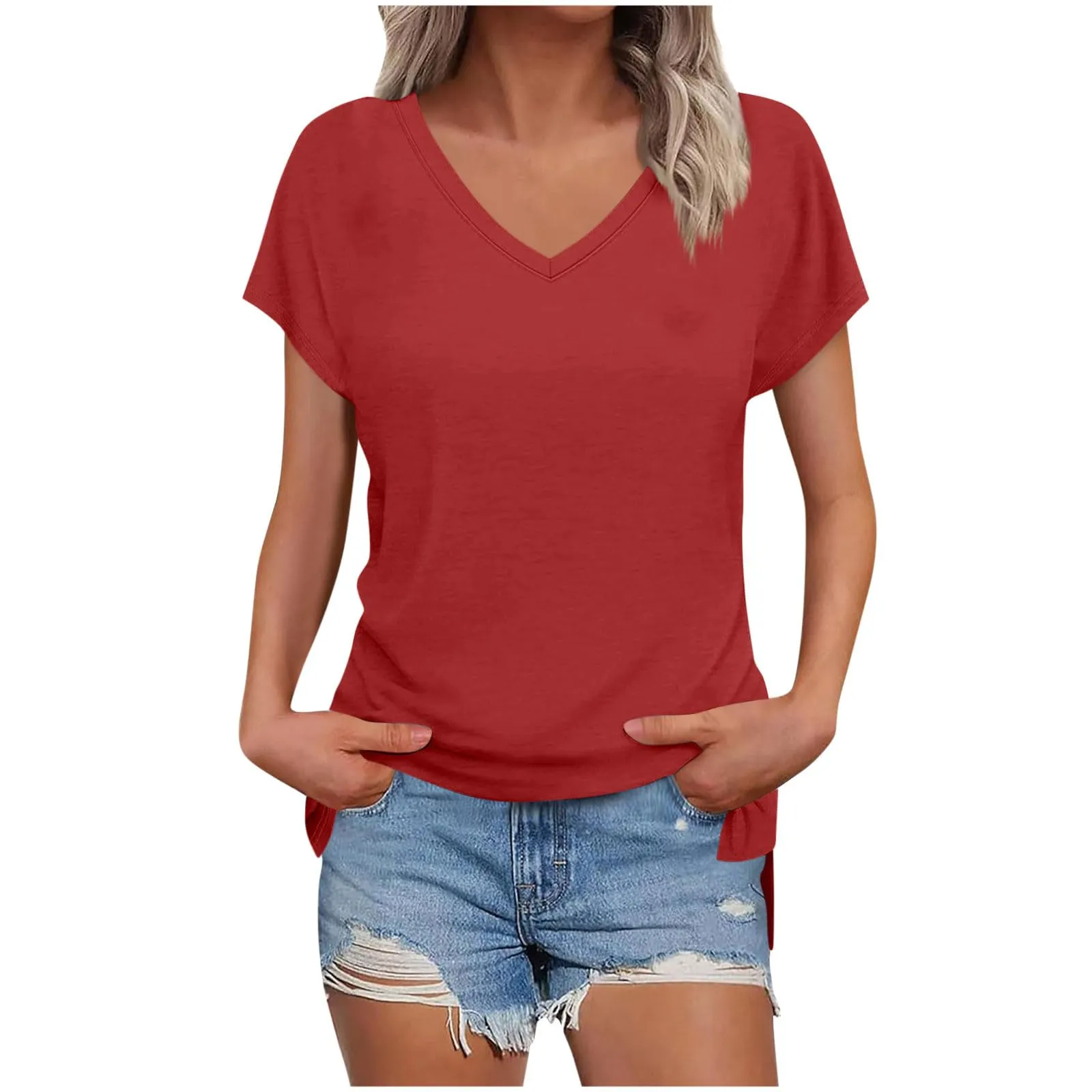 Masrin Maglietta da donna in tinta unita, con scollo a V, a maniche corte, maniche raglan, vestibilità normale, top con spacco laterale, tunica estiva, Colore: rosso, S - immagine 1