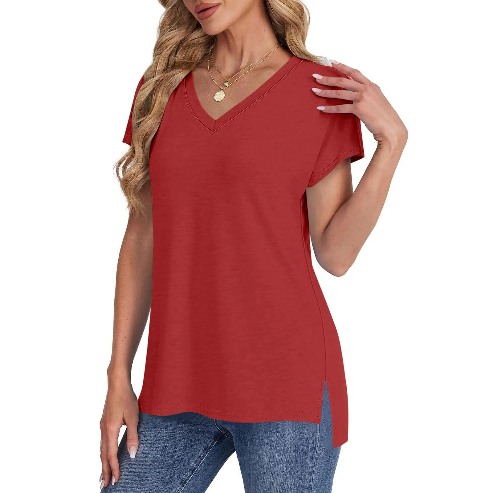 Masrin Maglietta da donna in tinta unita, con scollo a V, a maniche corte, maniche raglan, vestibilità normale, top con spacco laterale, tunica estiva, Colore: rosso, S - immagine 5