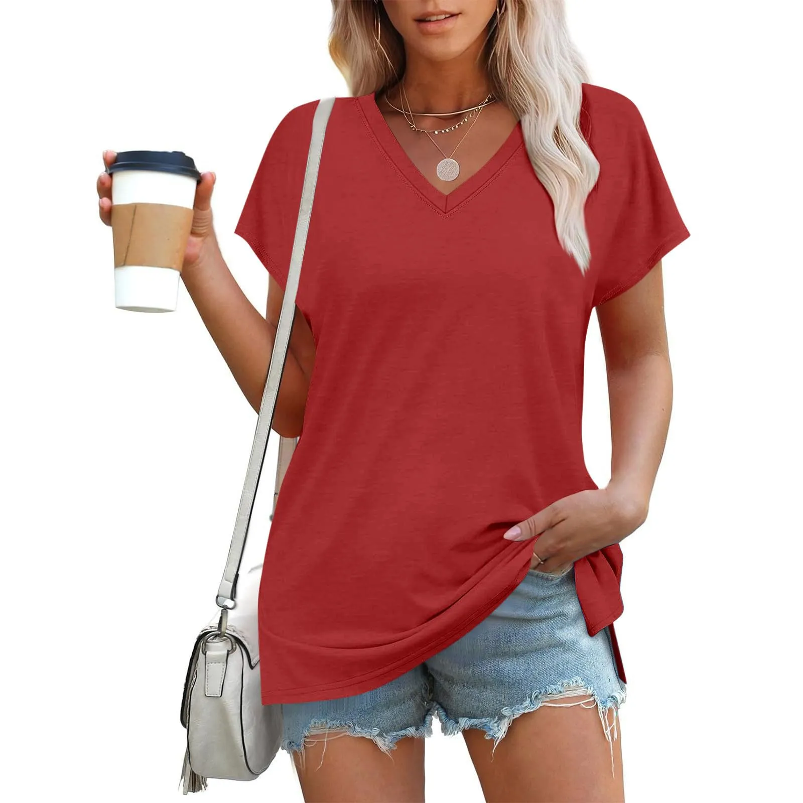 Masrin Maglietta da donna in tinta unita, con scollo a V, a maniche corte, maniche raglan, vestibilità normale, top con spacco laterale, tunica estiva, Colore: rosso, S - immagine 6