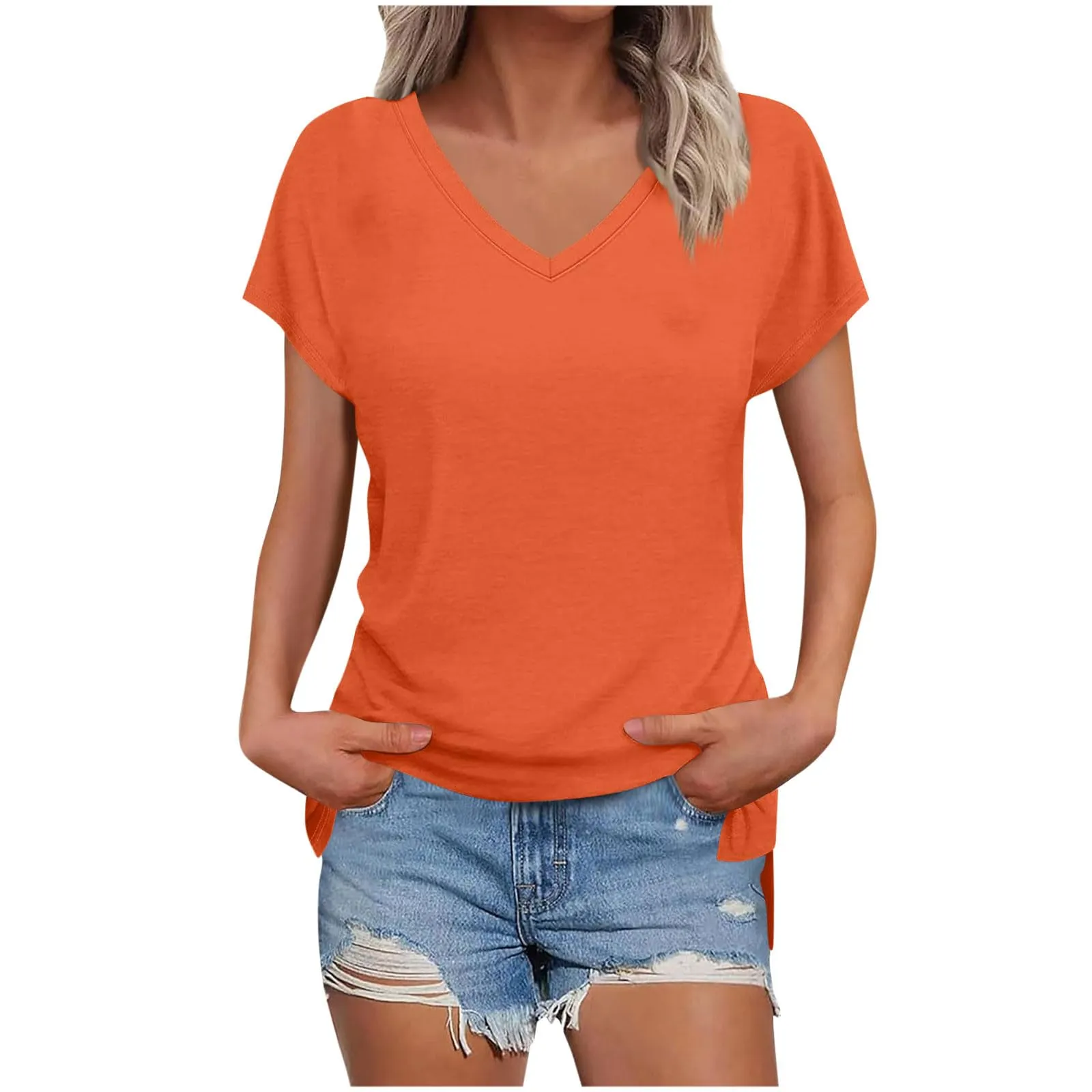 Masrin Maglietta da donna in tinta unita, con scollo a V, a maniche corte, maniche raglan, vestibilità normale, top con spacco laterale, tunica estiva, Colore: arancione., XXL - immagine 1