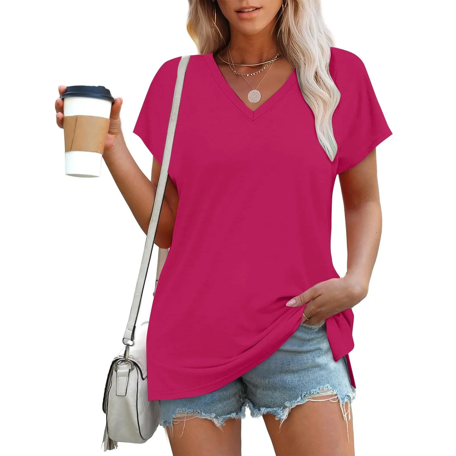 Masrin Maglietta da donna in tinta unita, con scollo a V, a maniche corte, maniche raglan, vestibilità normale, top con spacco laterale, tunica estiva, P-ink, S - immagine 3