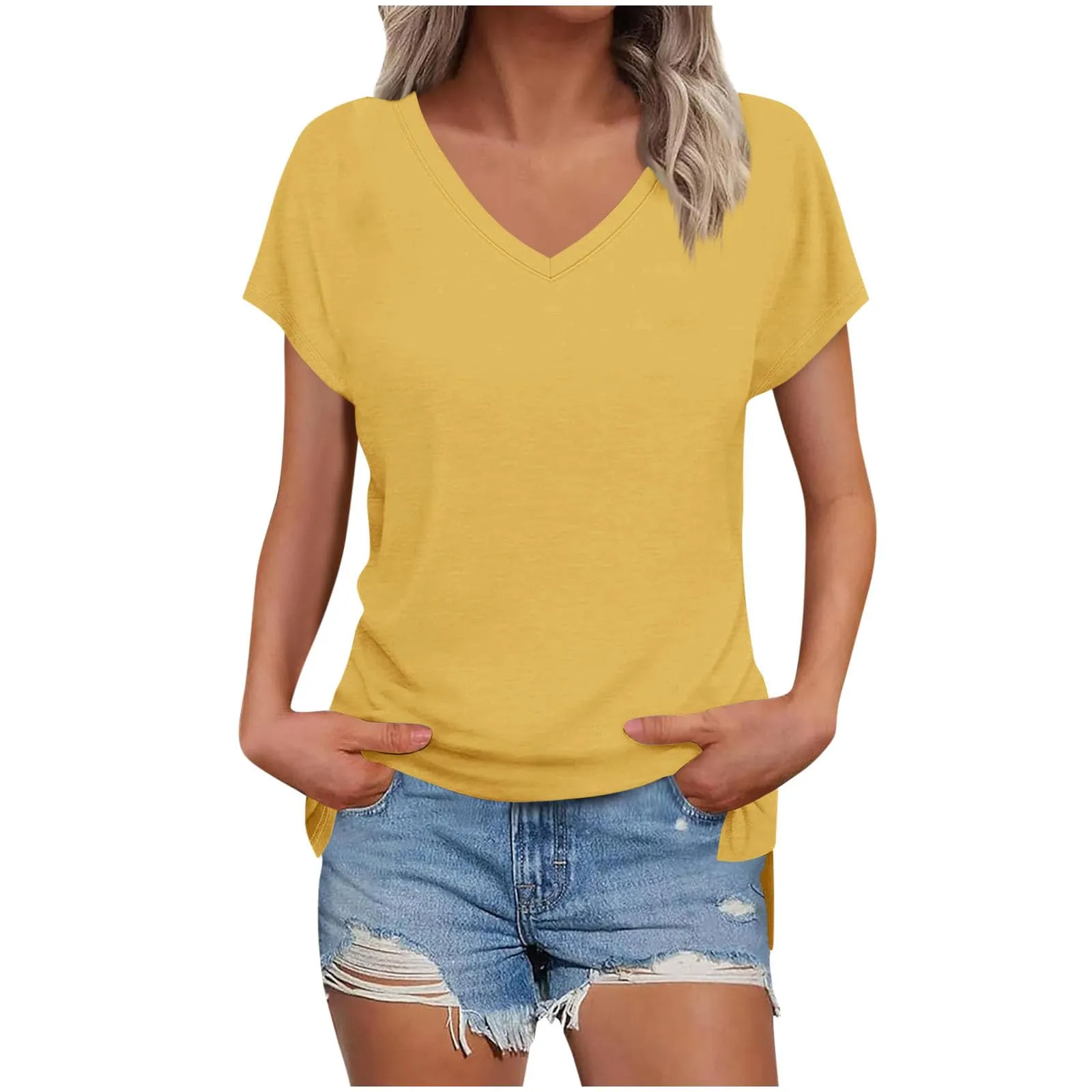 Masrin Maglietta da donna in tinta unita, con scollo a V, a maniche corte, maniche raglan, vestibilità normale, top con spacco laterale, tunica estiva, giallo., XXL - immagine 1