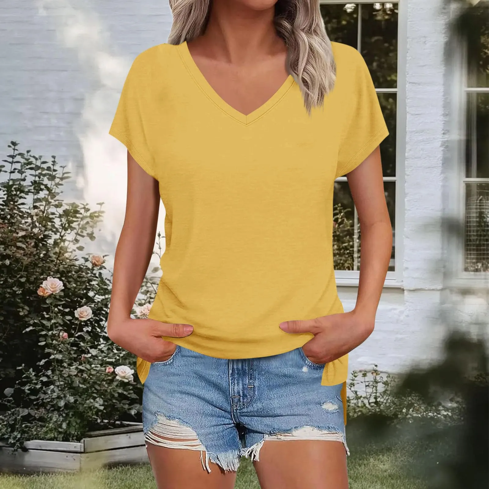 Masrin Maglietta da donna in tinta unita, con scollo a V, a maniche corte, maniche raglan, vestibilità normale, top con spacco laterale, tunica estiva, giallo., XXL - immagine 3