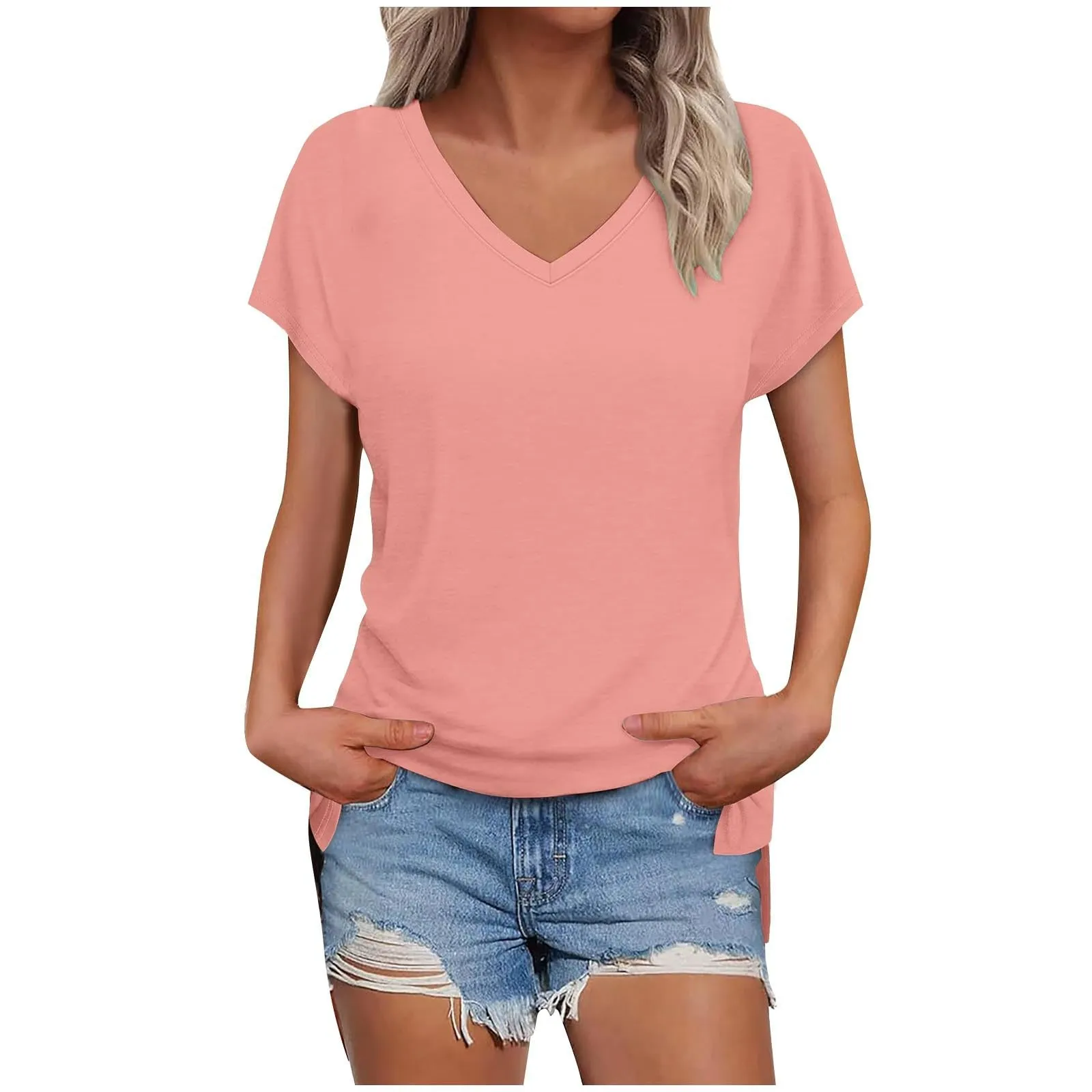 Masrin Maglietta da donna in tinta unita, con scollo a V, a maniche corte, maniche raglan, vestibilità normale, top con spacco laterale, tunica estiva, Rosso anguria., XXL - immagine 1