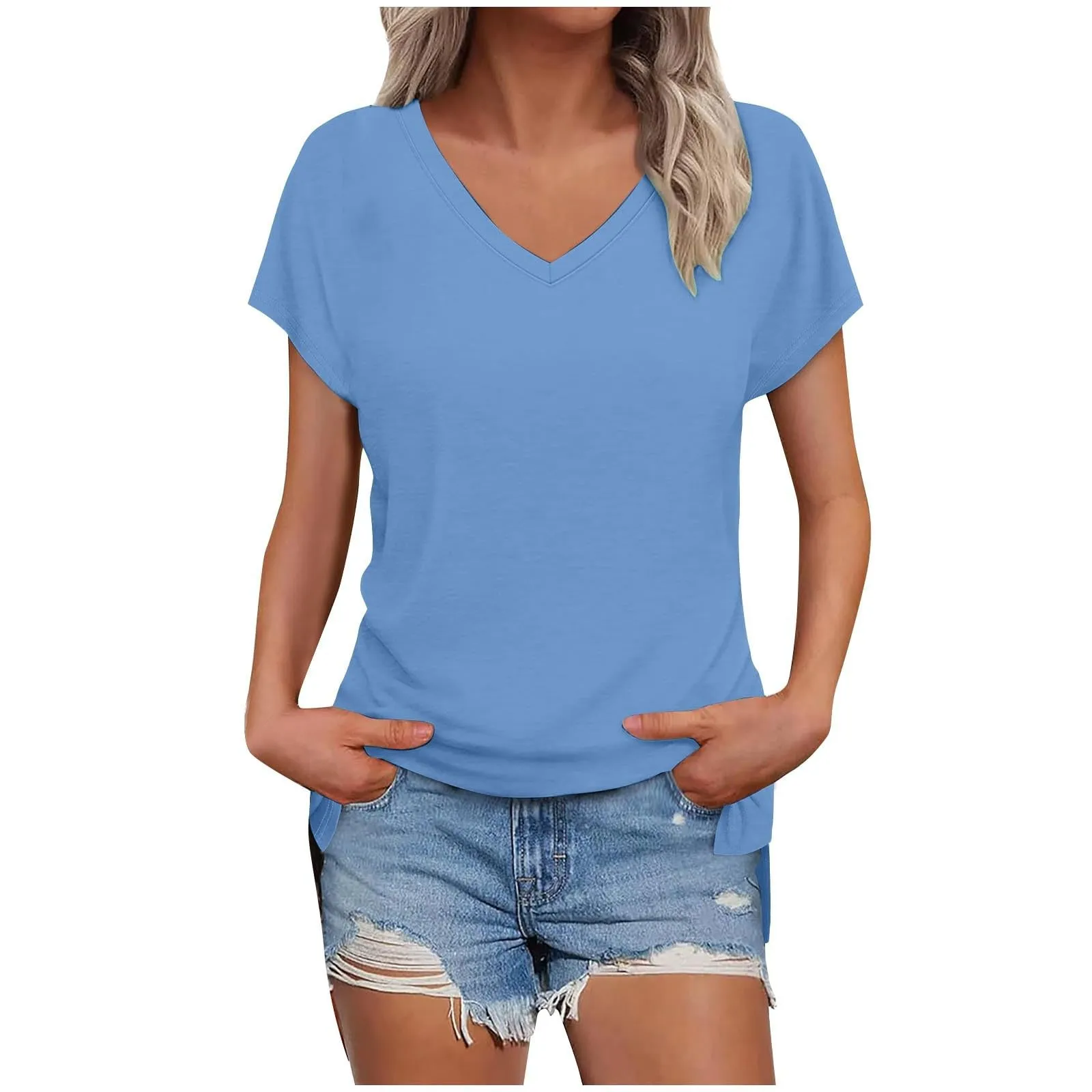 Masrin Maglietta da donna in tinta unita, con scollo a V, a maniche corte, maniche raglan, vestibilità normale, top con spacco laterale, tunica estiva, Azzurro, XXL - immagine 1