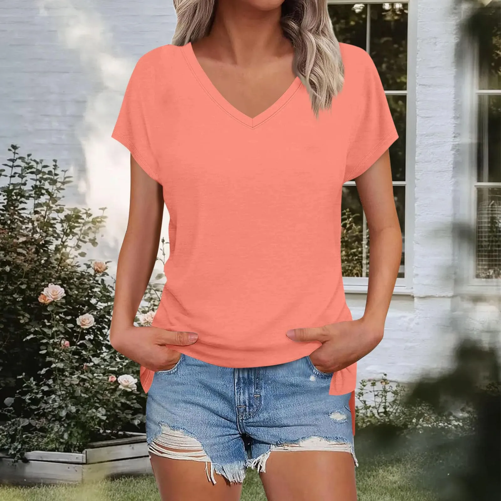 Masrin Maglietta da donna in tinta unita, con scollo a V, a maniche corte, maniche raglan, vestibilità normale, top con spacco laterale, tunica estiva, Rosa pesca, S - immagine 3