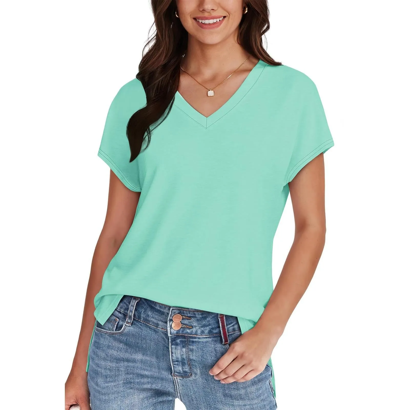 Masrin Maglietta da donna in tinta unita, con scollo a V, a maniche corte, maniche raglan, vestibilità normale, top con spacco laterale, tunica estiva, Verde menta, L - immagine 5