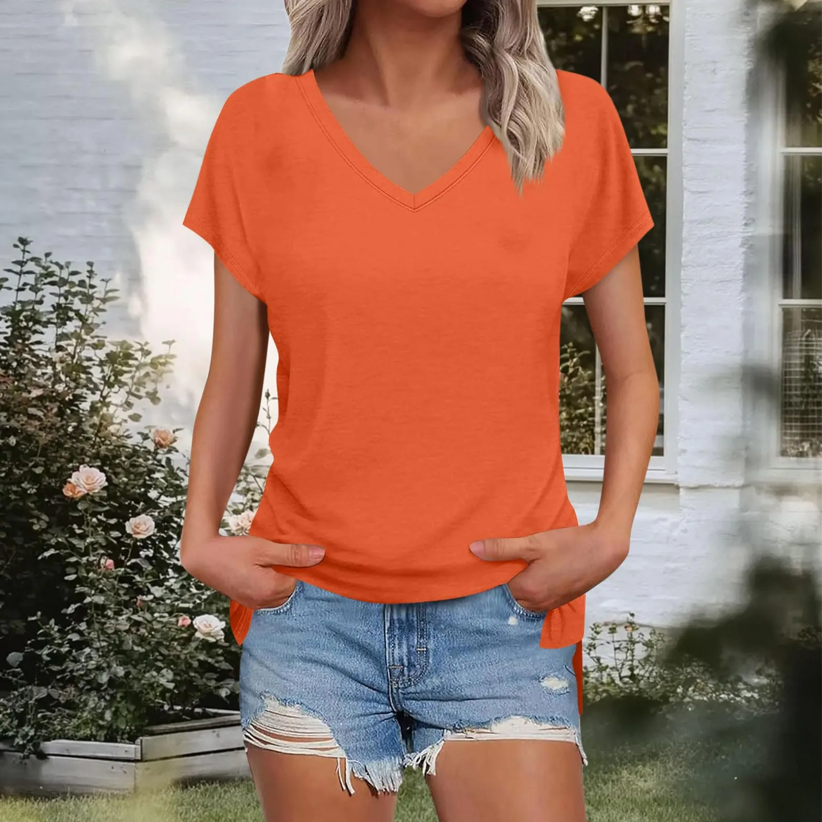 Masrin Maglietta da donna in tinta unita, con scollo a V, a maniche corte, maniche raglan, vestibilità normale, top con spacco laterale, tunica estiva, Colore: arancione., M - immagine 5