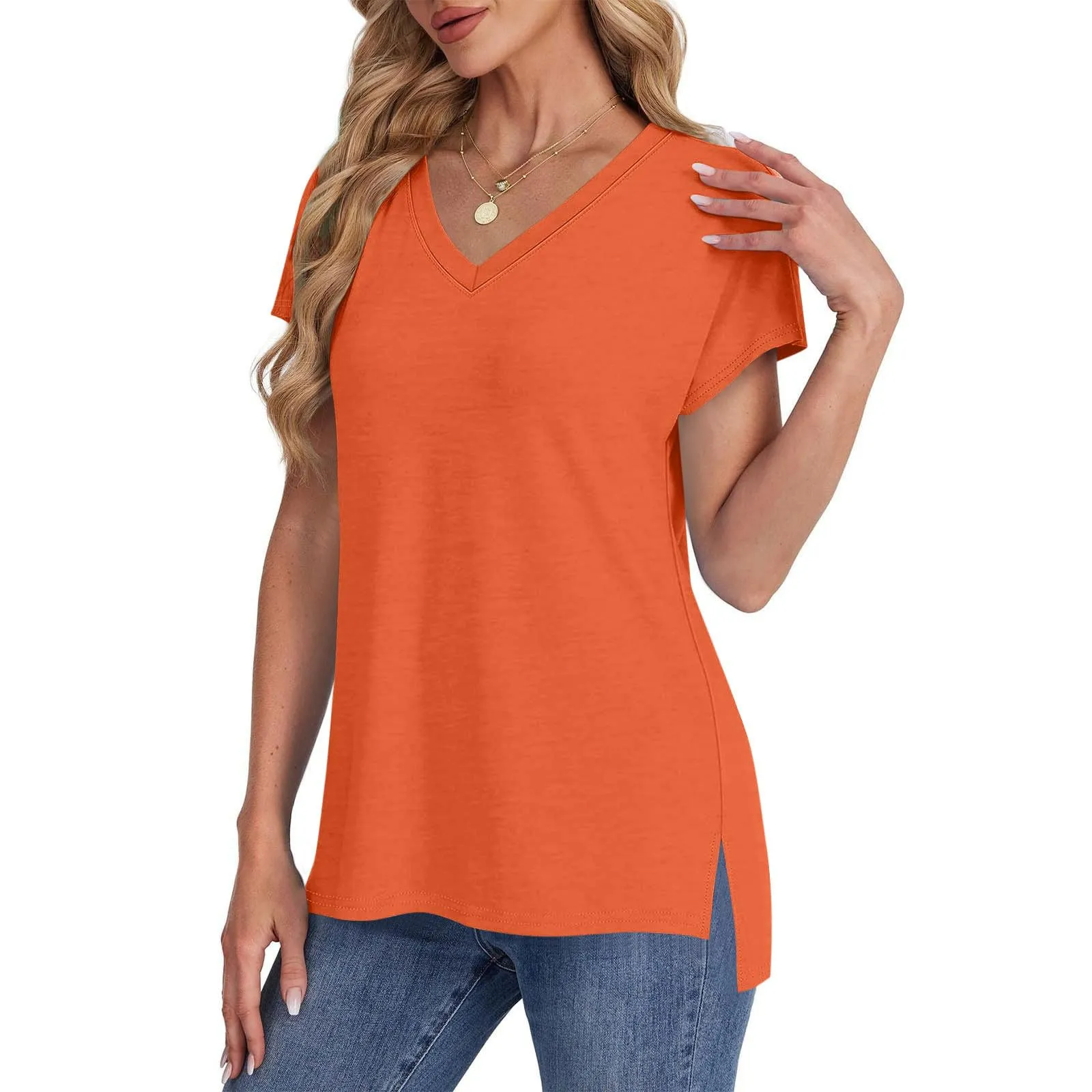 Masrin Maglietta da donna in tinta unita, con scollo a V, a maniche corte, maniche raglan, vestibilità normale, top con spacco laterale, tunica estiva, Colore: arancione., M - immagine 6