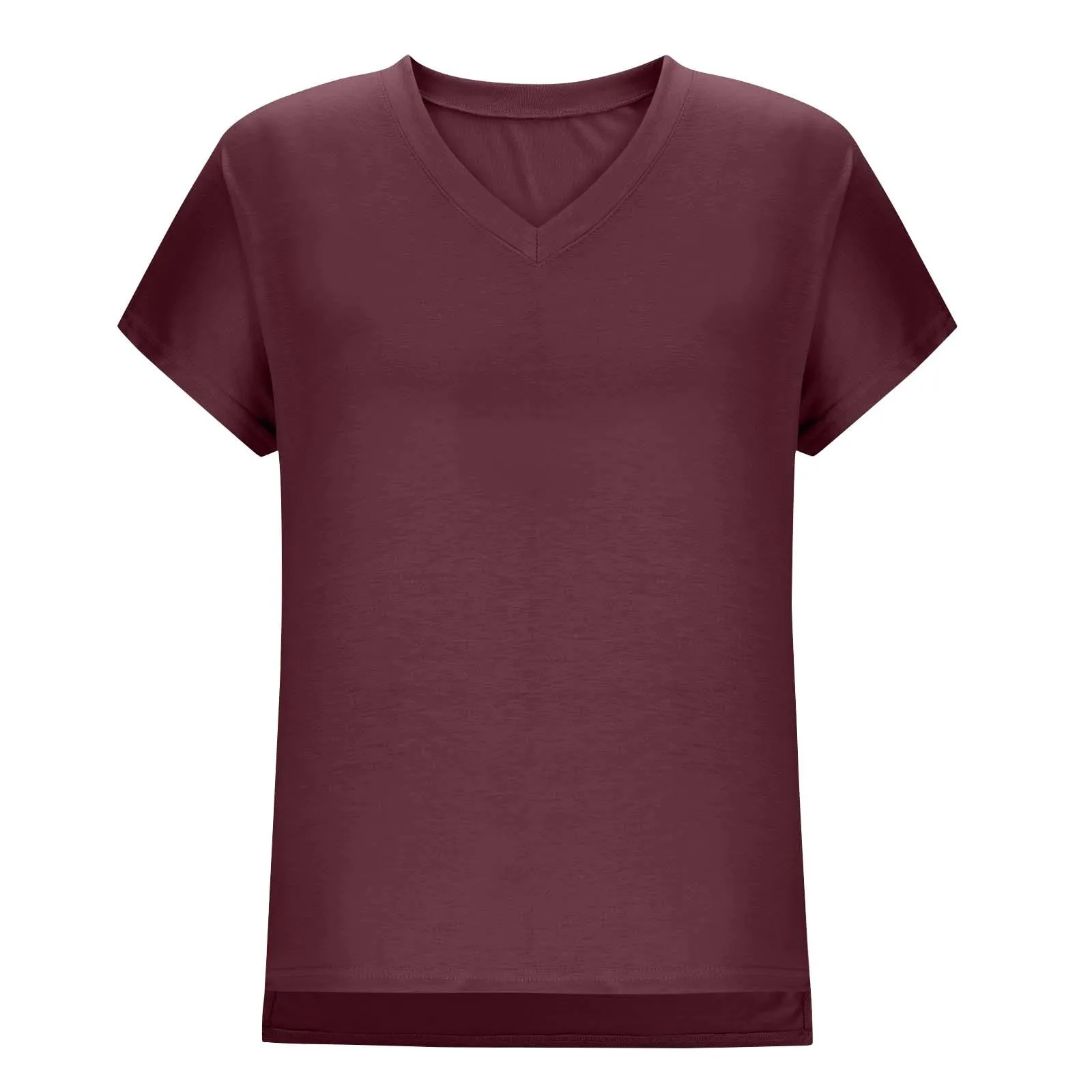 Masrin Maglietta da donna in tinta unita, con scollo a V, a maniche corte, maniche raglan, vestibilità normale, top con spacco laterale, tunica estiva, Vino, M - immagine 6