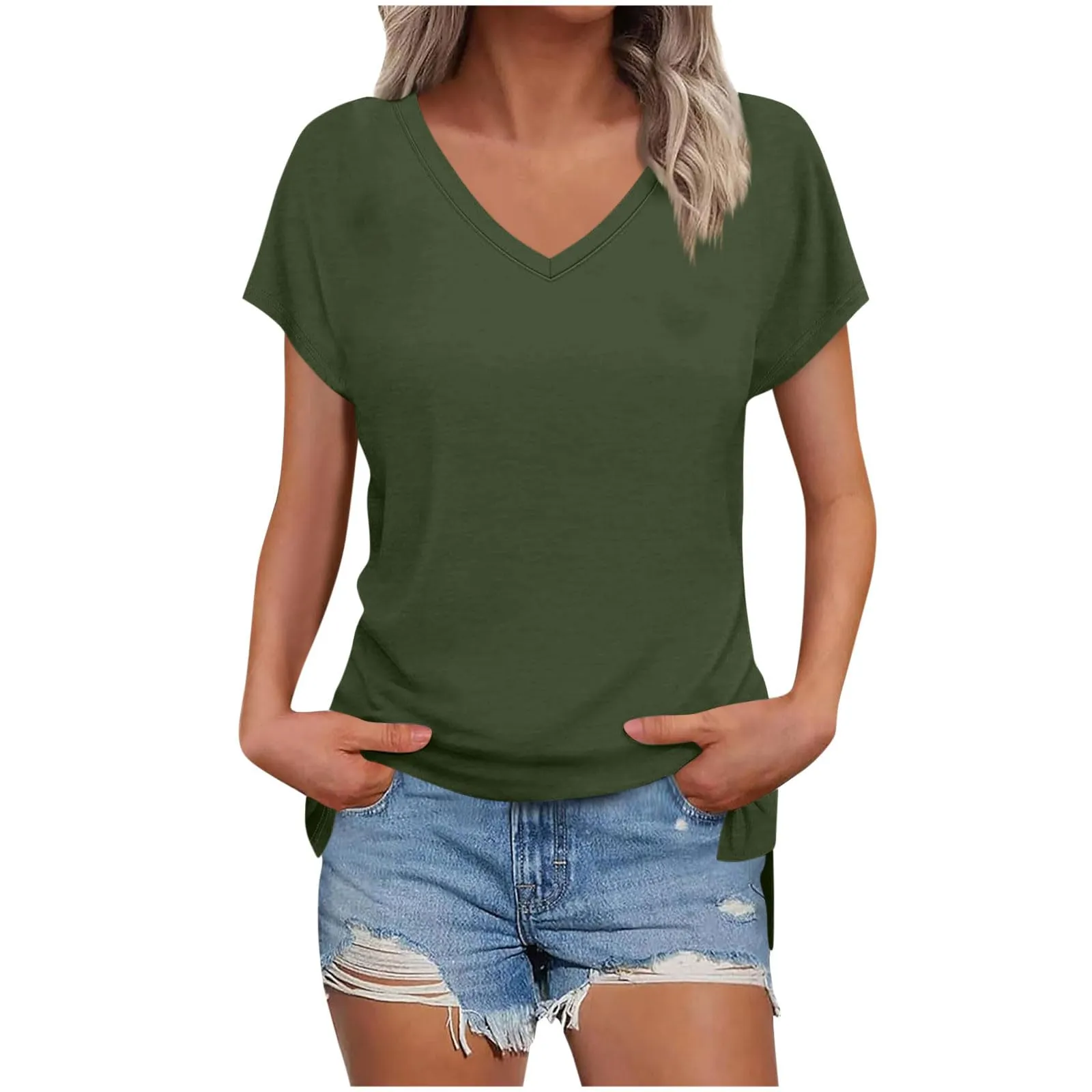 Masrin Maglietta da donna in tinta unita, con scollo a V, a maniche corte, maniche raglan, vestibilità normale, top con spacco laterale, tunica estiva, verde militare, L - immagine 1