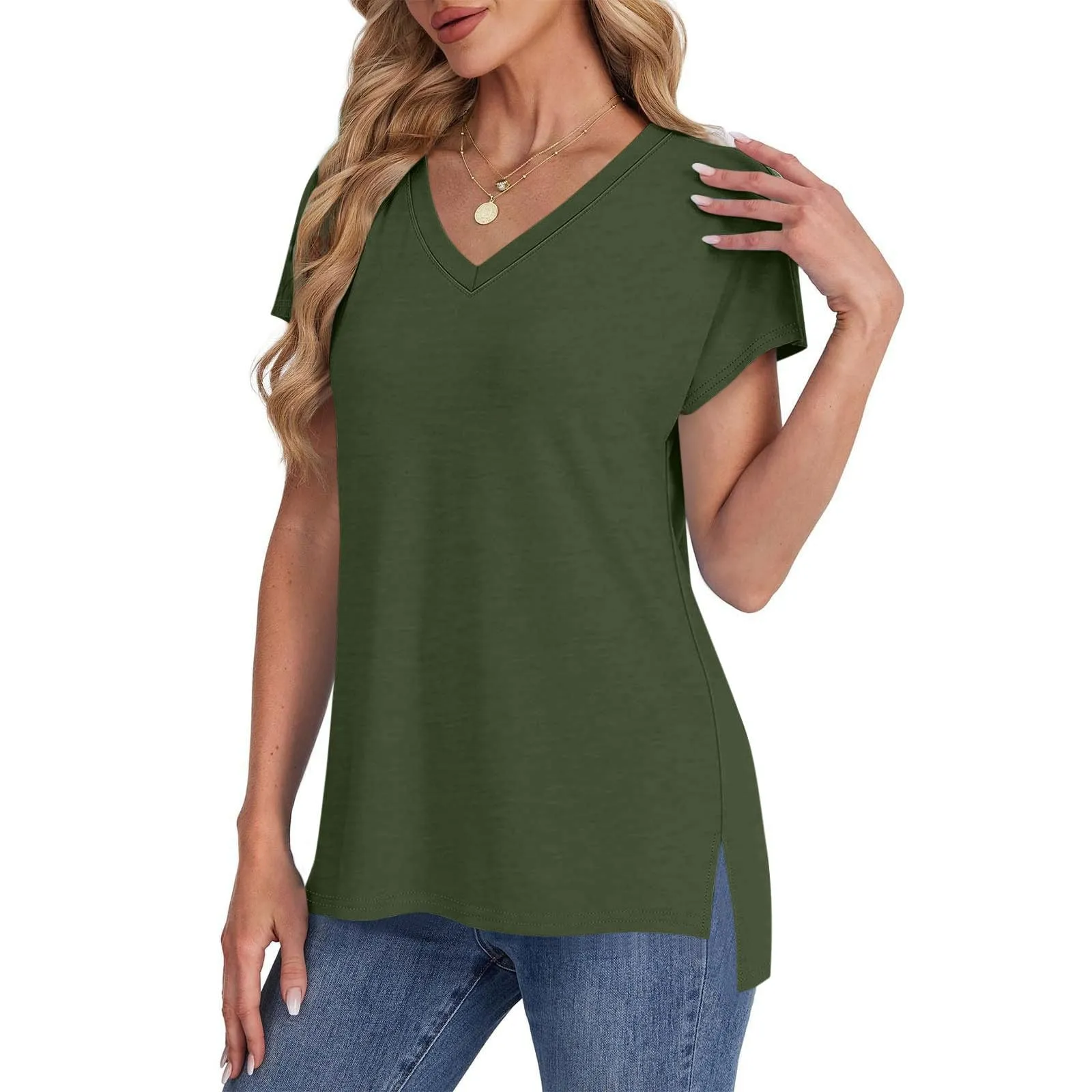 Masrin Maglietta da donna in tinta unita, con scollo a V, a maniche corte, maniche raglan, vestibilità normale, top con spacco laterale, tunica estiva, verde militare, L - immagine 6