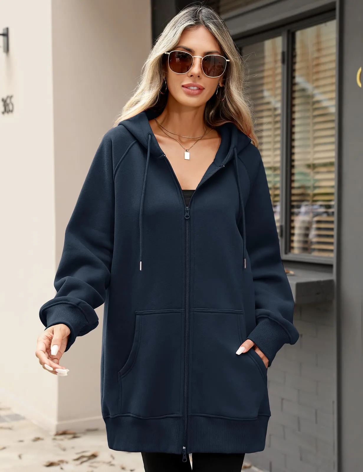 CMTOP Felpa Donna con Zip Lunga in Pile Casual Cotone Felpa con Cappuccio a Manica Lunga, Tinta Unita Classica Basic Felpe, Autunno Primavera Hoodie Sweatshirt con Tasche(Blu Marino,XL) - immagine 2