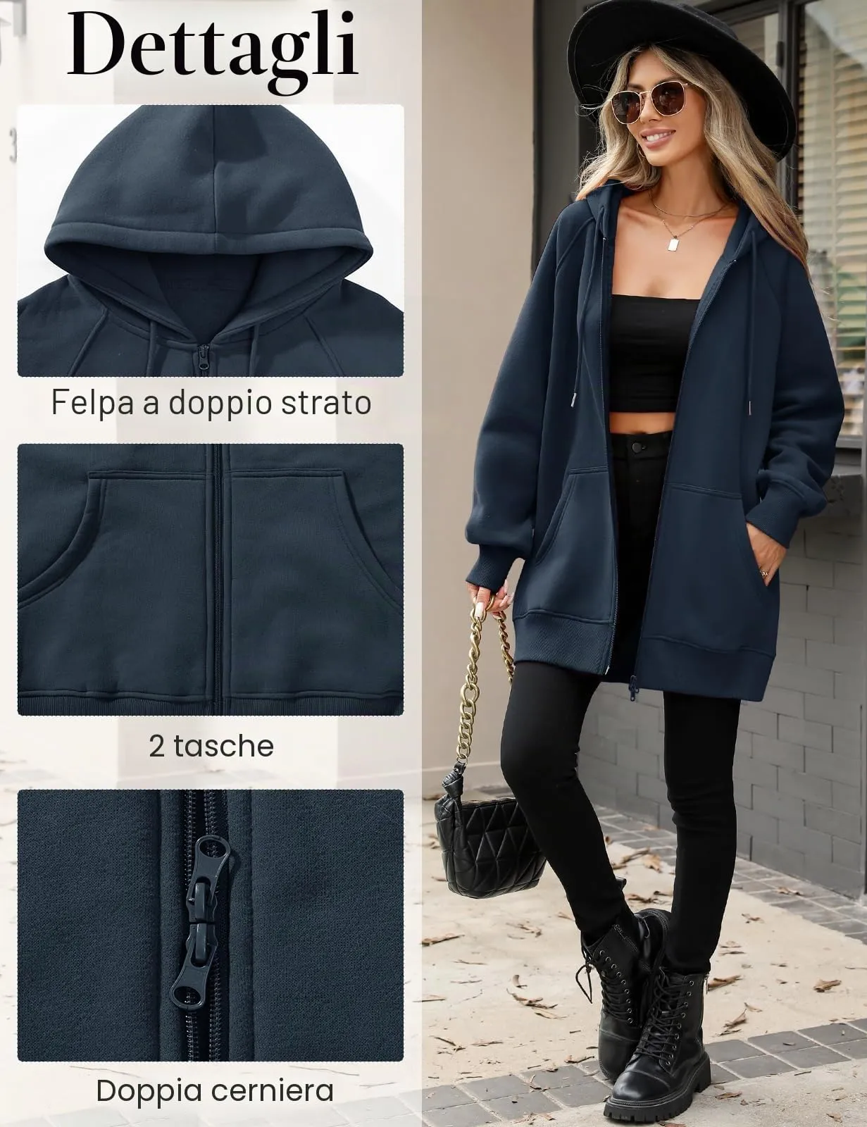 CMTOP Felpa Donna con Zip Lunga in Pile Casual Cotone Felpa con Cappuccio a Manica Lunga, Tinta Unita Classica Basic Felpe, Autunno Primavera Hoodie Sweatshirt con Tasche(Blu Marino,XL) - immagine 3
