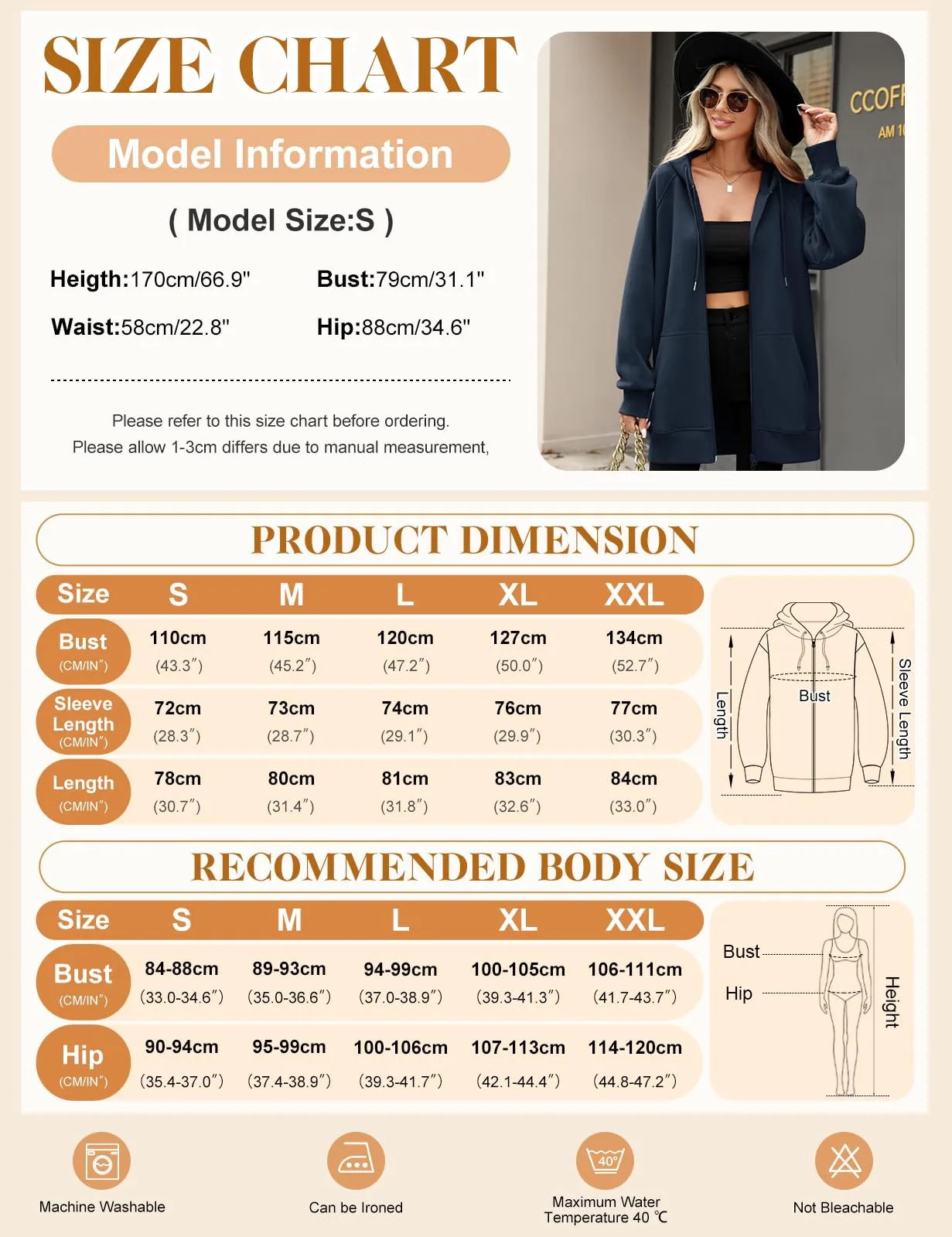 CMTOP Felpa Donna con Zip Lunga in Pile Casual Cotone Felpa con Cappuccio a Manica Lunga, Tinta Unita Classica Basic Felpe, Autunno Primavera Hoodie Sweatshirt con Tasche(Blu Marino,XL) - immagine 4