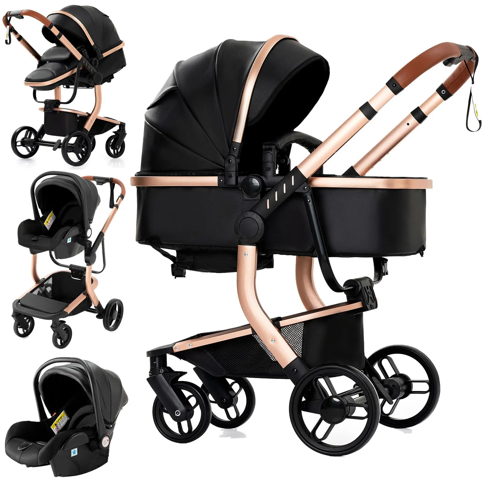 Reenborn Pelle PU Passeggino Trio, Passeggino 3 in 1 con Due Modi Reversibili Spingere, Trio Neonati con Design Pieghevole in Un Clic, Telaio Alluminio Paesaggistico Alto (518 Black) - immagine 1