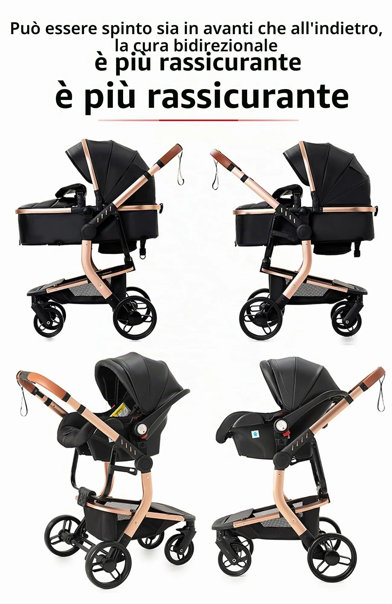 Reenborn Pelle PU Passeggino Trio, Passeggino 3 in 1 con Due Modi Reversibili Spingere, Trio Neonati con Design Pieghevole in Un Clic, Telaio Alluminio Paesaggistico Alto (518 Black) - immagine 4