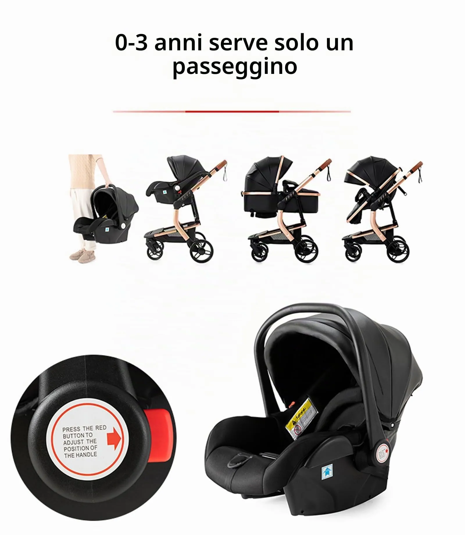 Reenborn Pelle PU Passeggino Trio, Passeggino 3 in 1 con Due Modi Reversibili Spingere, Trio Neonati con Design Pieghevole in Un Clic, Telaio Alluminio Paesaggistico Alto (518 Black) - immagine 5