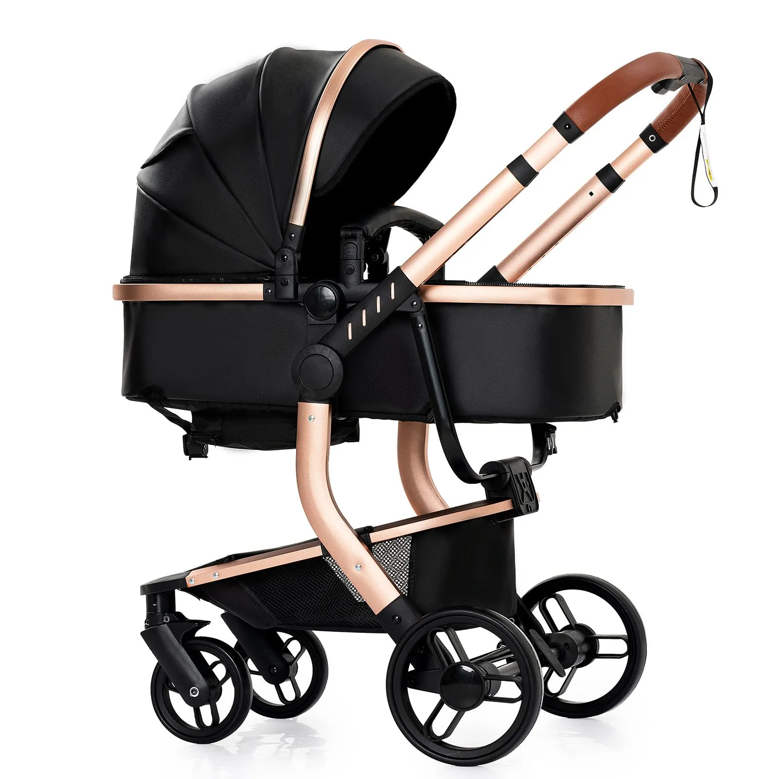 Reenborn Pelle PU Passeggino Trio, Passeggino 3 in 1 con Due Modi Reversibili Spingere, Trio Neonati con Design Pieghevole in Un Clic, Telaio Alluminio Paesaggistico Alto (518 Black) - immagine 8