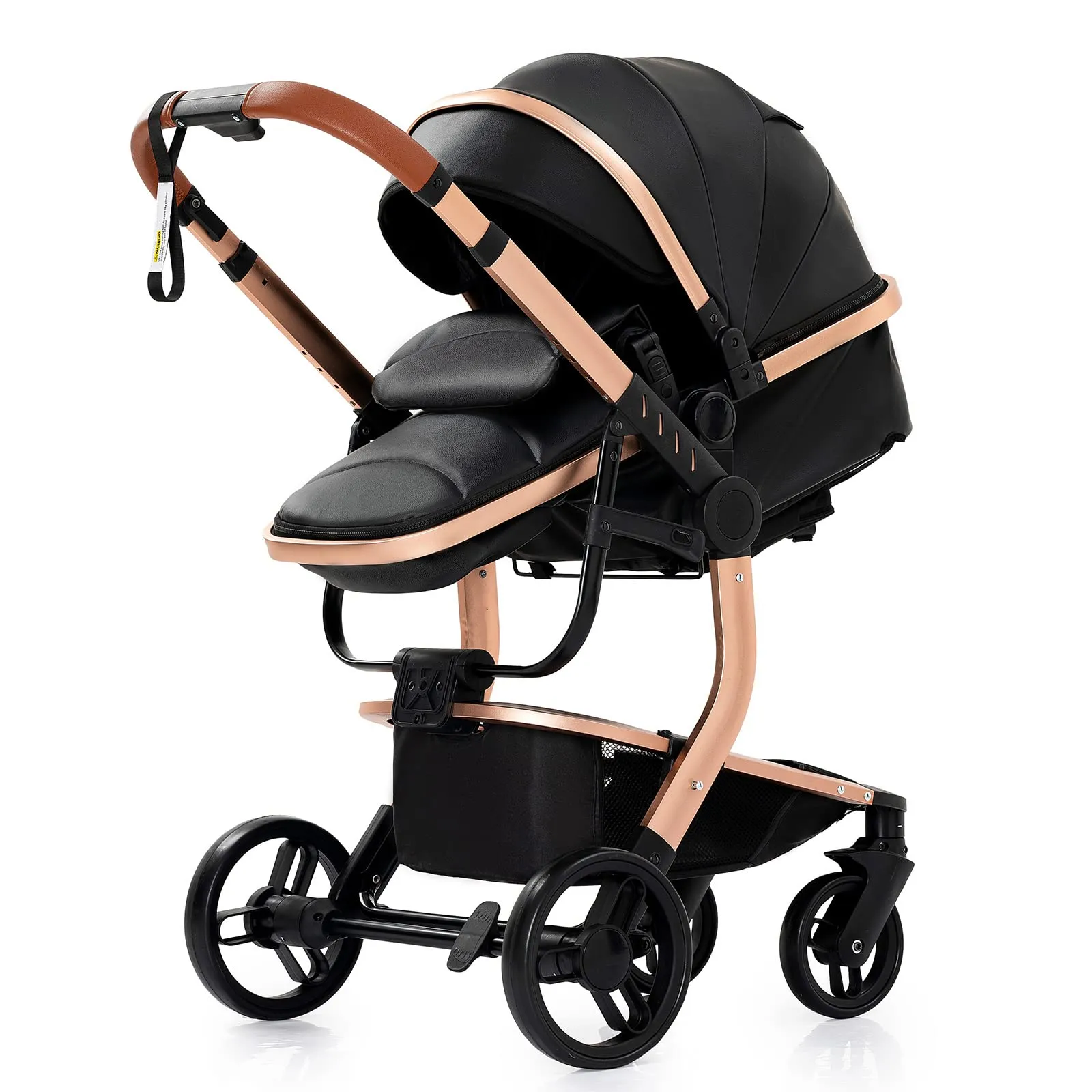 Reenborn Pelle PU Passeggino Trio, Passeggino 3 in 1 con Due Modi Reversibili Spingere, Trio Neonati con Design Pieghevole in Un Clic, Telaio Alluminio Paesaggistico Alto (518 Black) - immagine 9