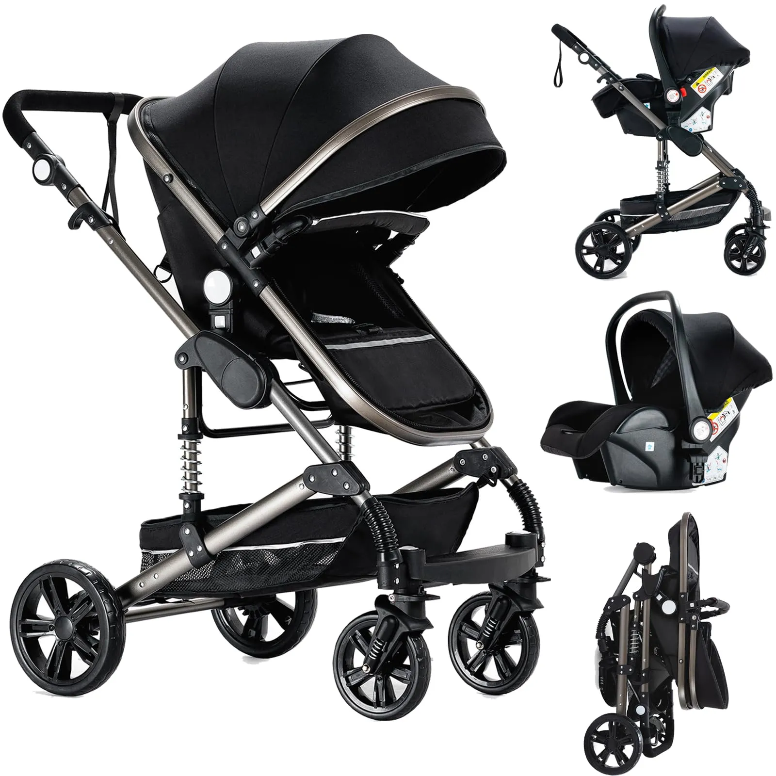 Reenborn Passeggino Trio, Passeggino 3 in 1 con Due Modi Reversibili Spingere, Trio Neonati con Design Pieghevole in Un Clic, Telaio Alluminio Paesaggistico Alto (739 Black) - immagine 1