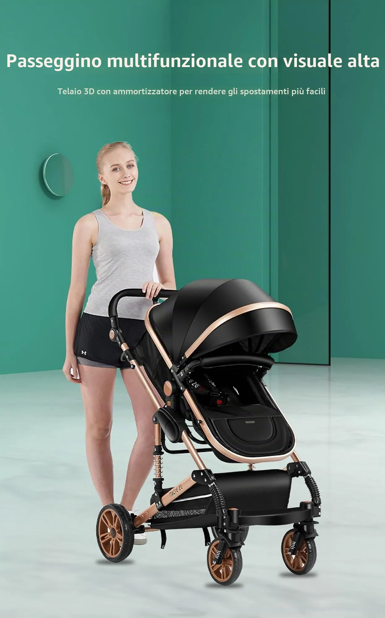 Reenborn Passeggino Trio, Passeggino 3 in 1 con Due Modi Reversibili Spingere, Trio Neonati con Design Pieghevole in Un Clic, Telaio Alluminio Paesaggistico Alto (739 Black) - immagine 5